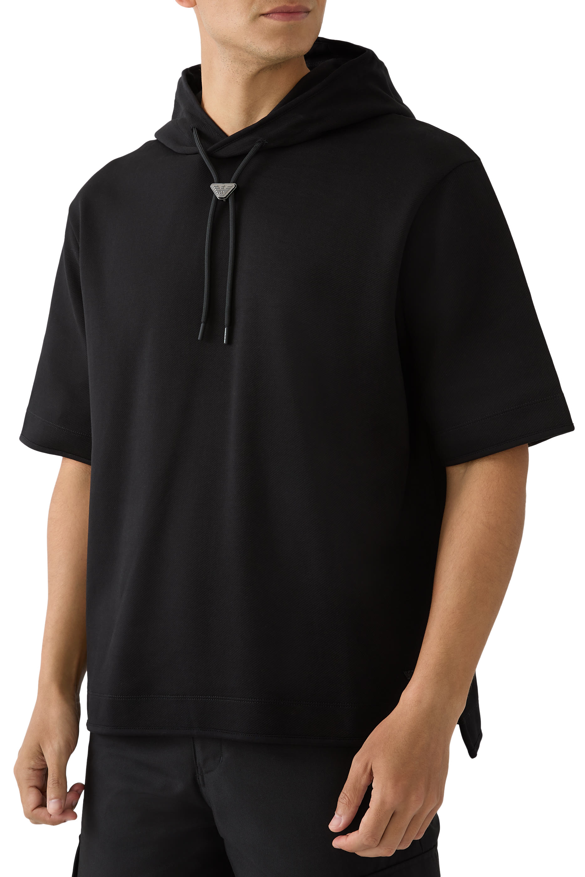 سويت شيرت بأكمام قصيرة وقصة واسعة مع غطاء للرأس، جيرسيه