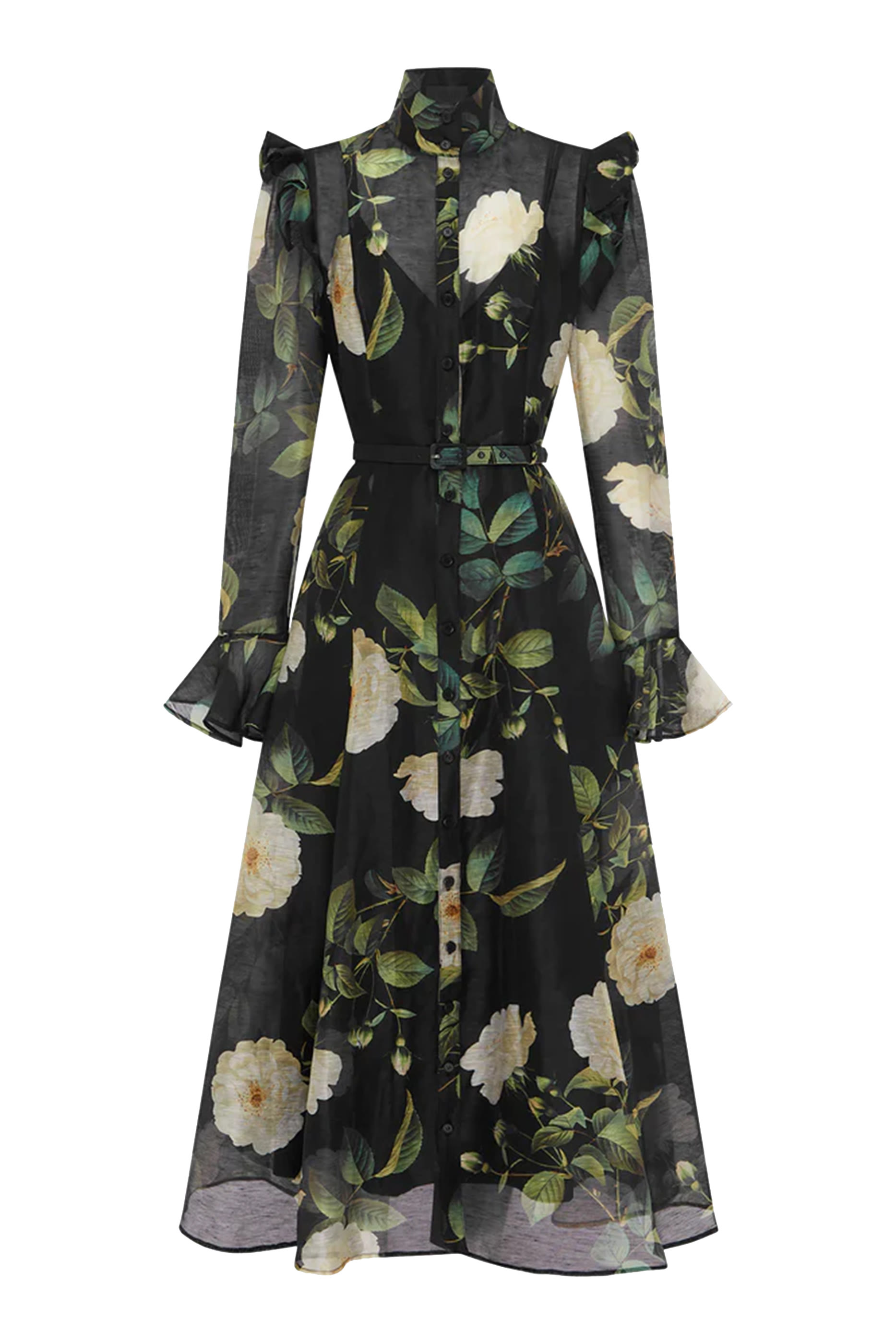 فستان كاترينا بأكمام فراشة ونقشة ورد أبيض