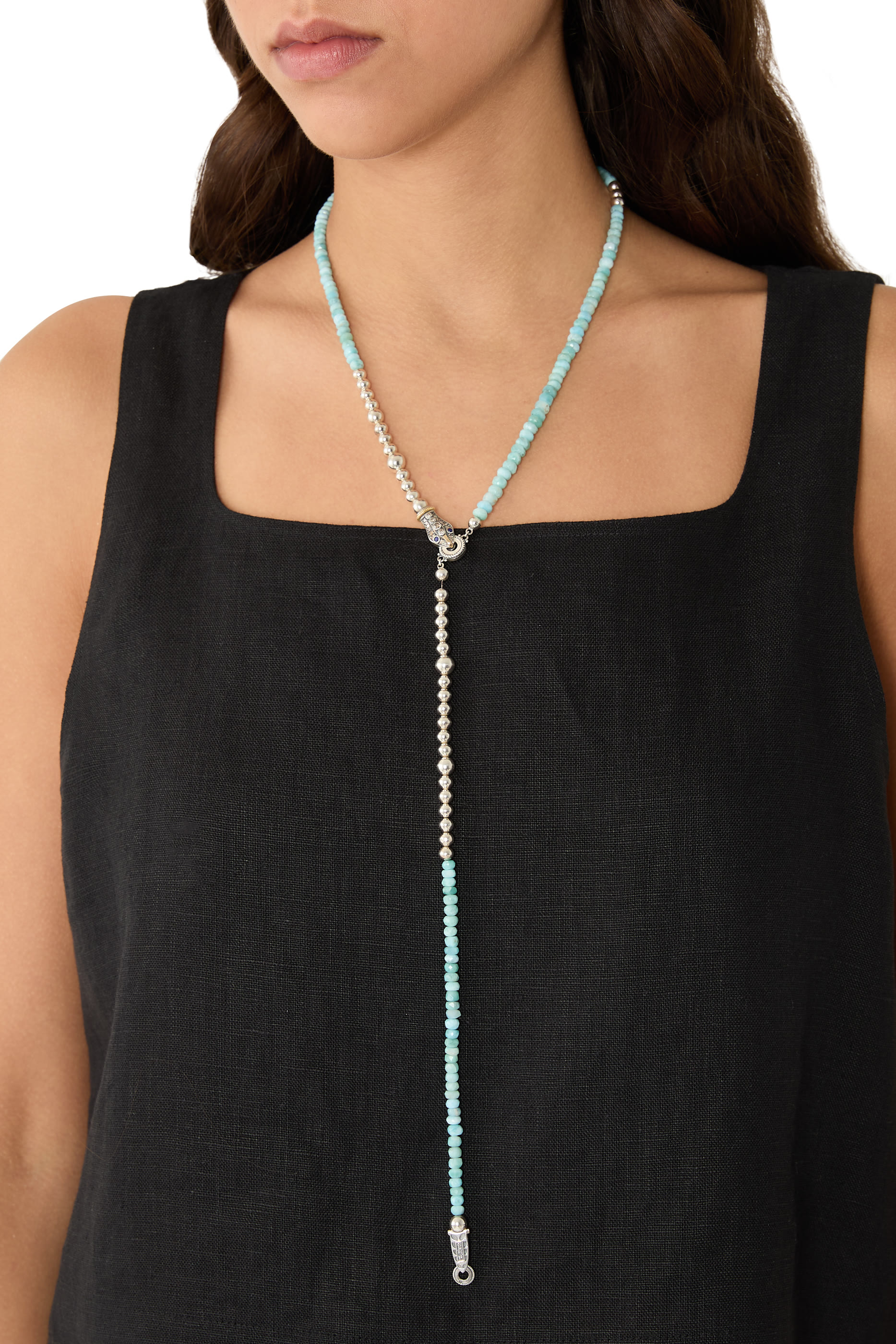 Beaded Snake Necklace, 18K Yellow Gold with Sterling Silver, Diamonds & Lapis-Larimar Beads