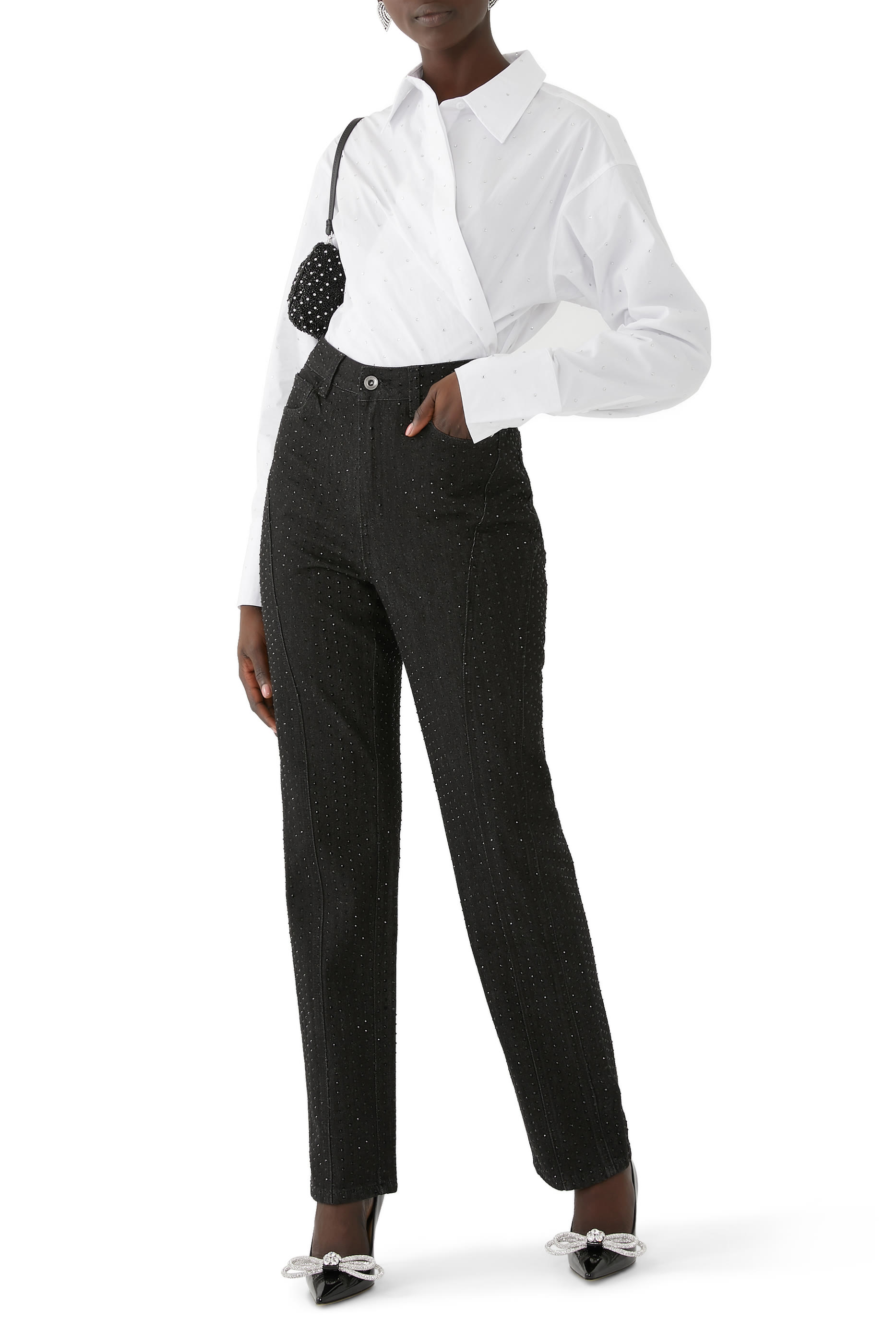 بنطال دنيم أسود مرصع بأحجار الراين