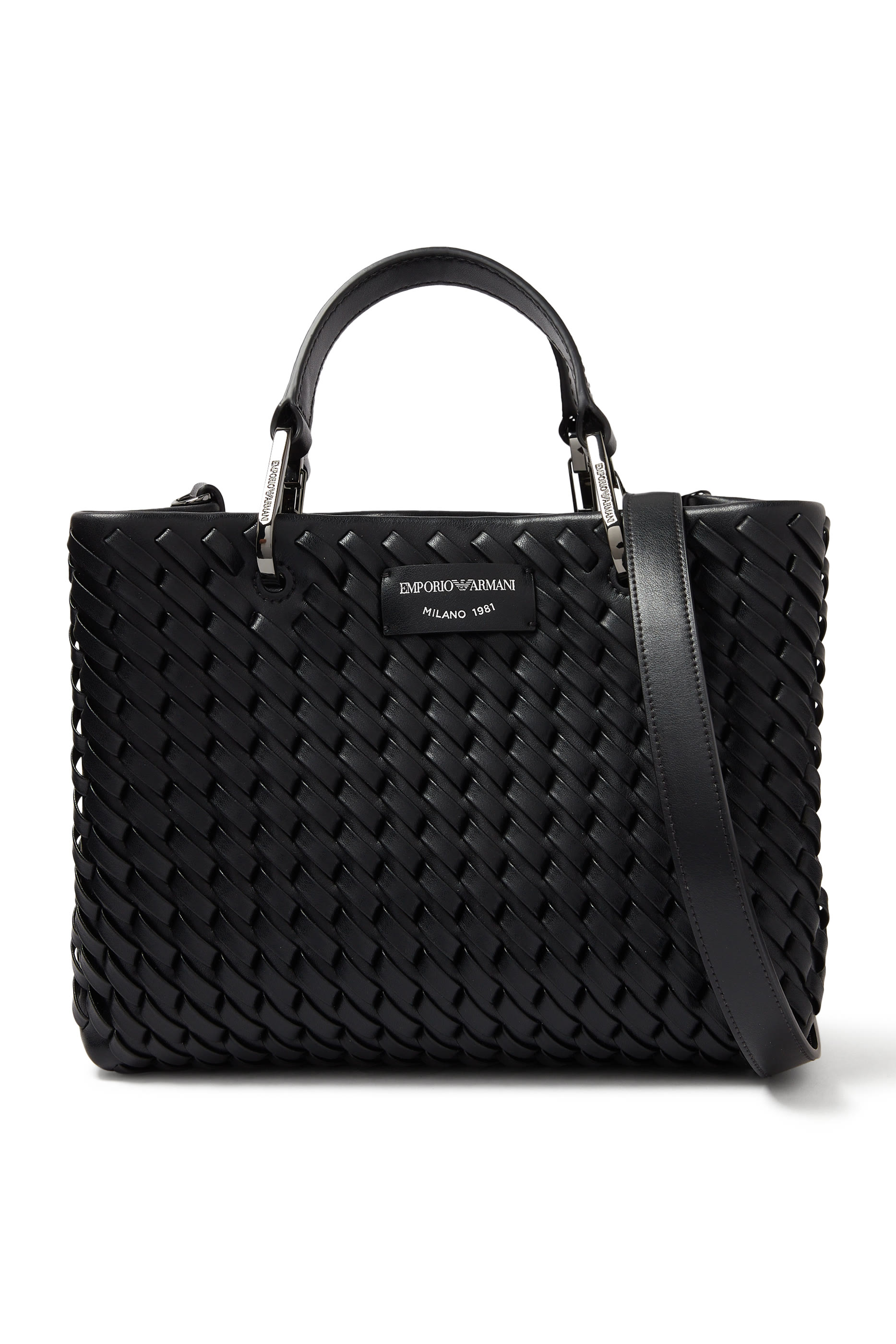 حقيبة يد بشعار الماركة جلد بتصميم متشابك