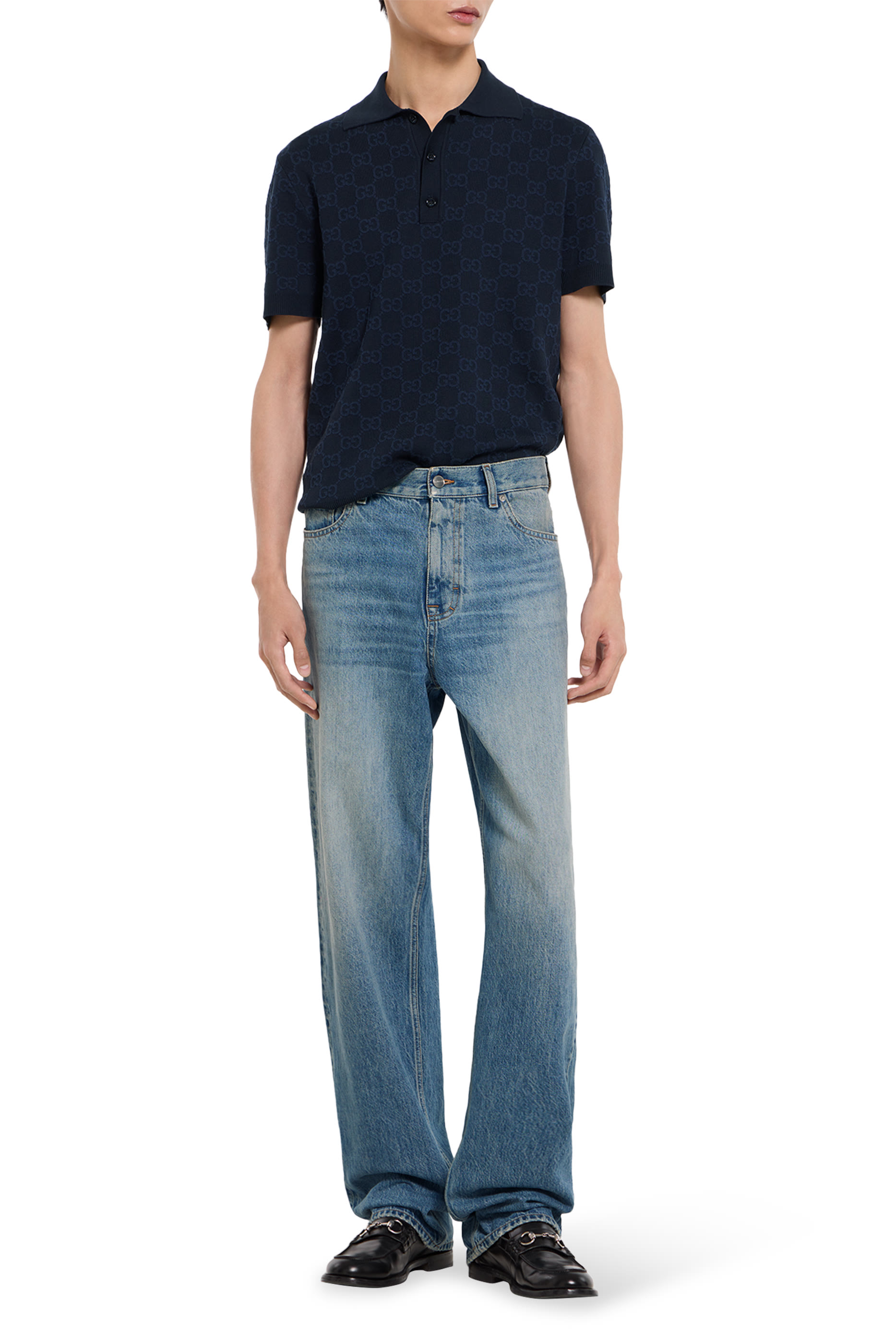 قميص بولو قطن وحرير بنقشة حرفي شعار الماركة جاكار