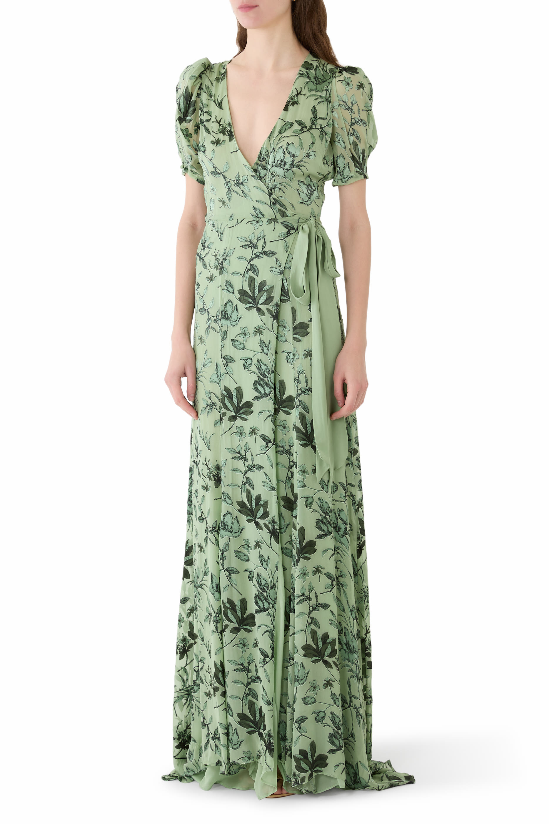 فستان تيانا طويل بتصميم ملفوف بأكمام منفوخة