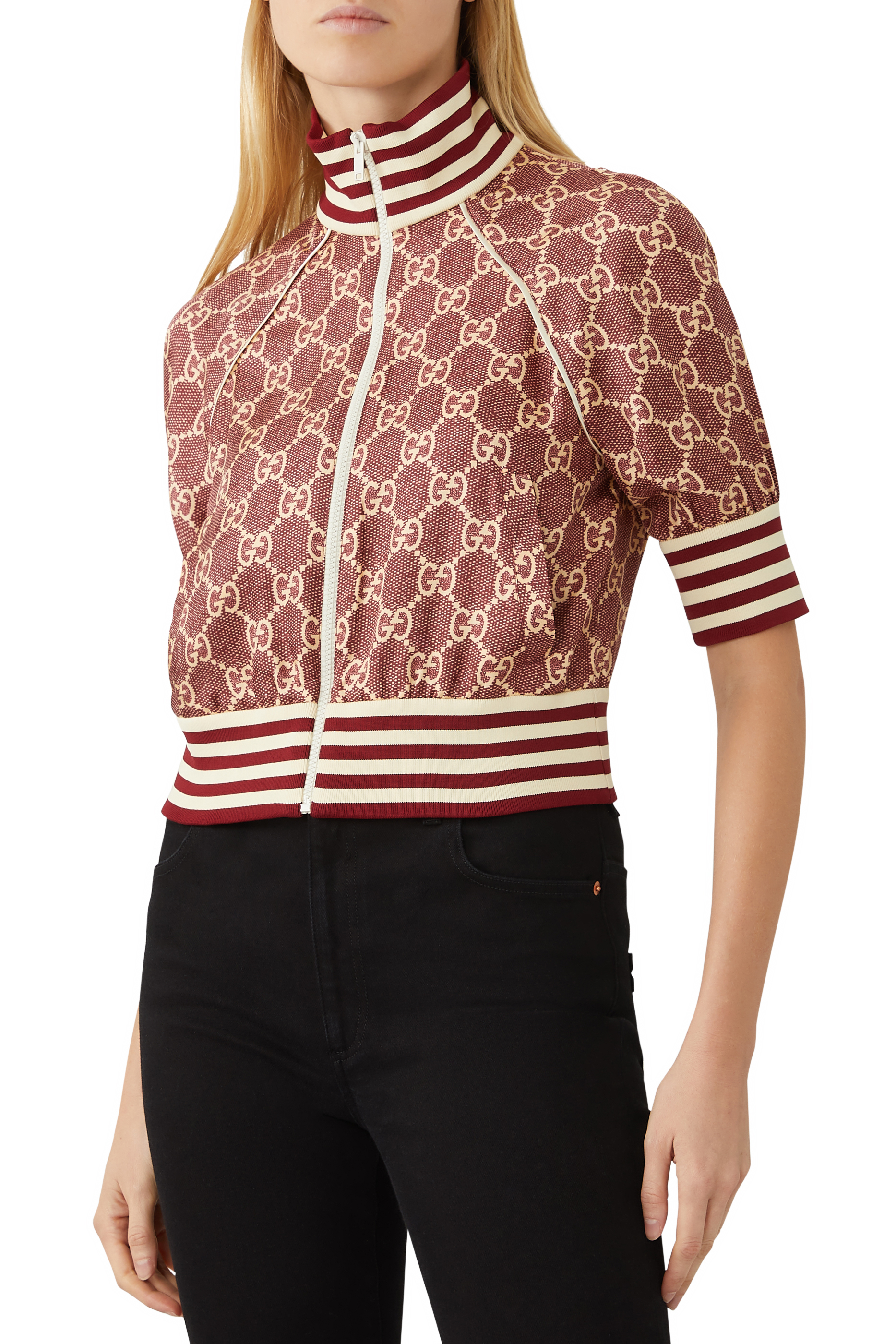 جاكيت حرير وردي بنقشة شعار GG سوبريم