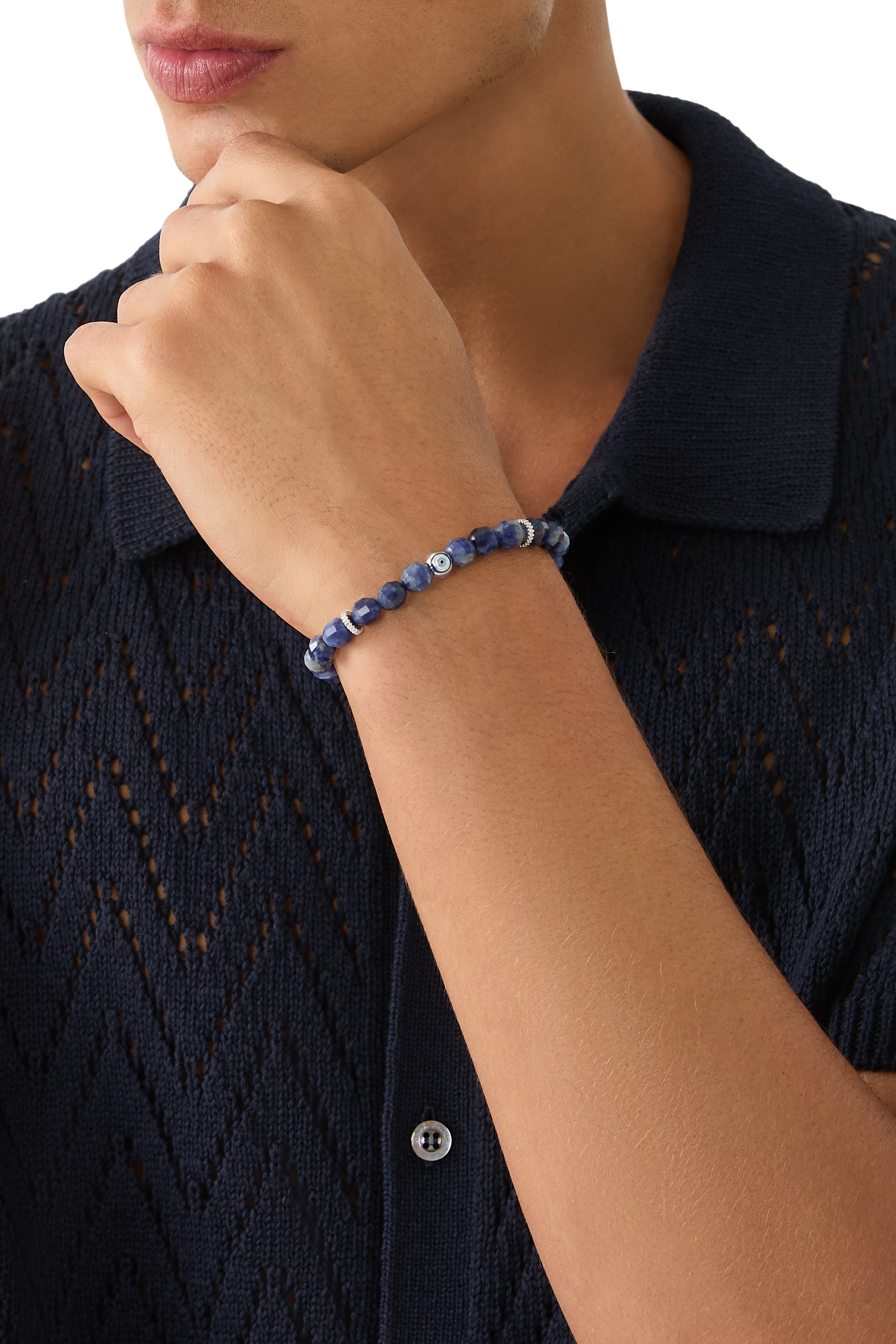 سوار هيكساد بحلية عين حسود مرصع بحجر السوداليت، فضة إسترلينية مطلية بالروديوم