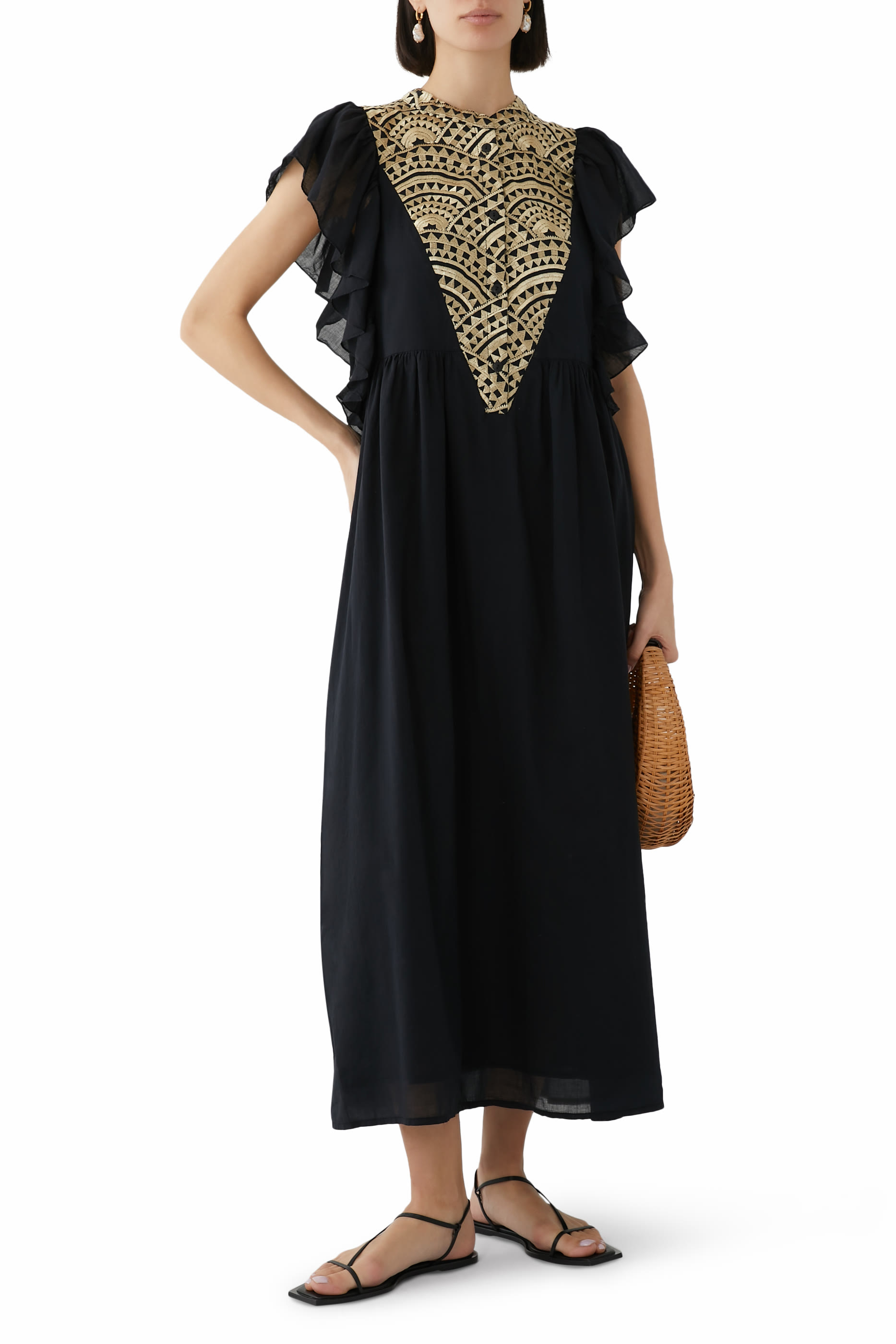 فستان متوسط الطول بياقة v وتطريزات