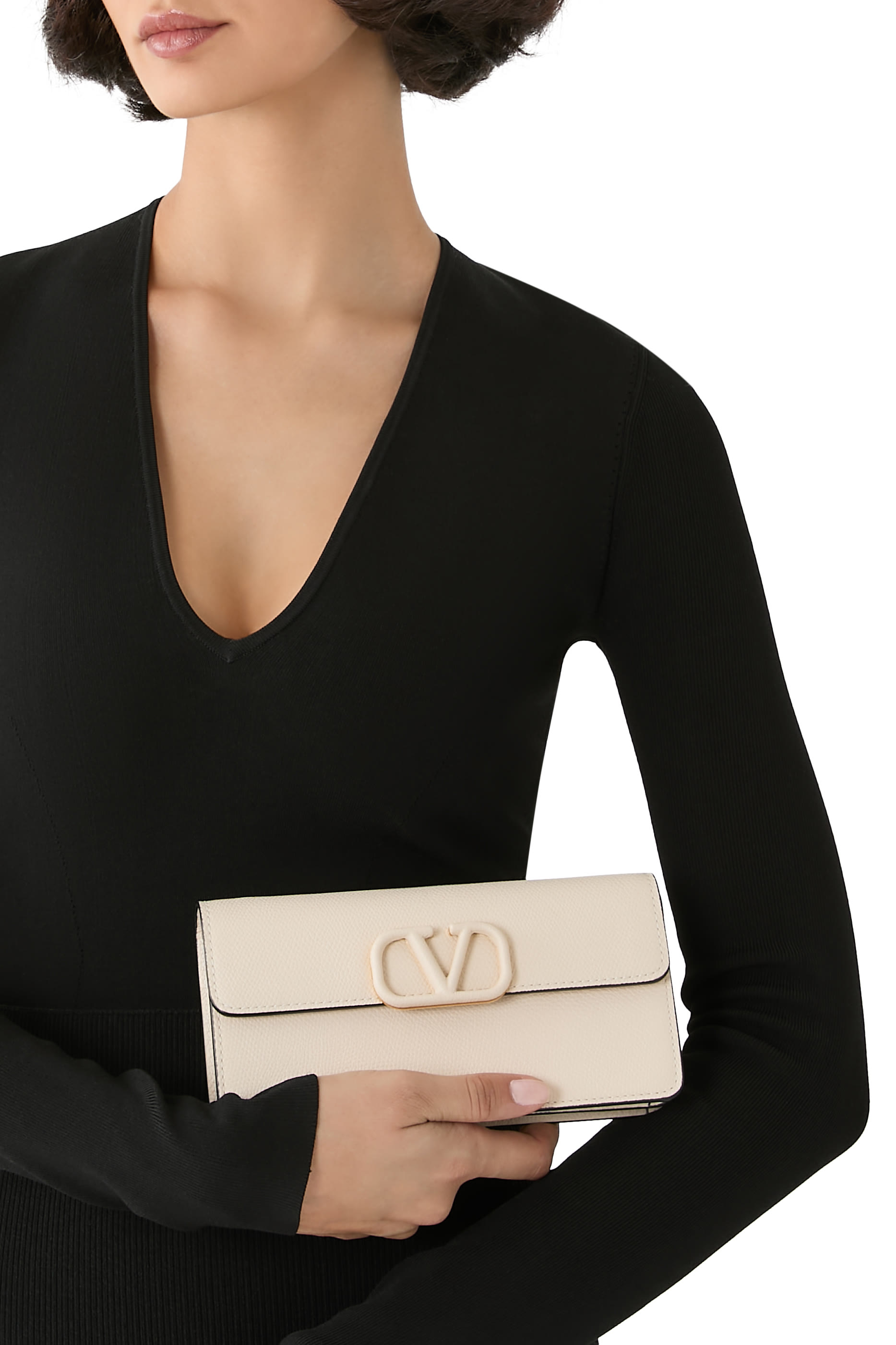 محفظة بسلسلة وحلية شعار الماركة جلد عجل بارز الملمس