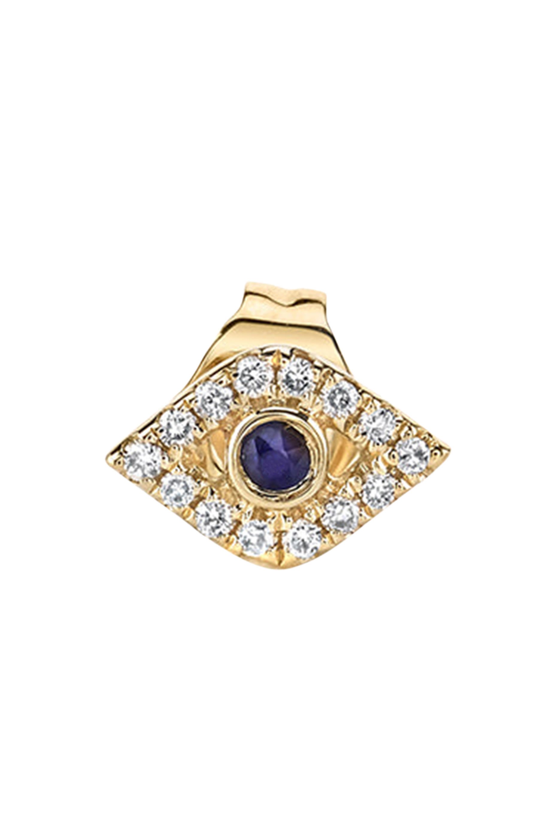 قرط صغير منفرد بتصميم عين حسود مرصع بالماس واللازورد ذهب أصفر عيار 14