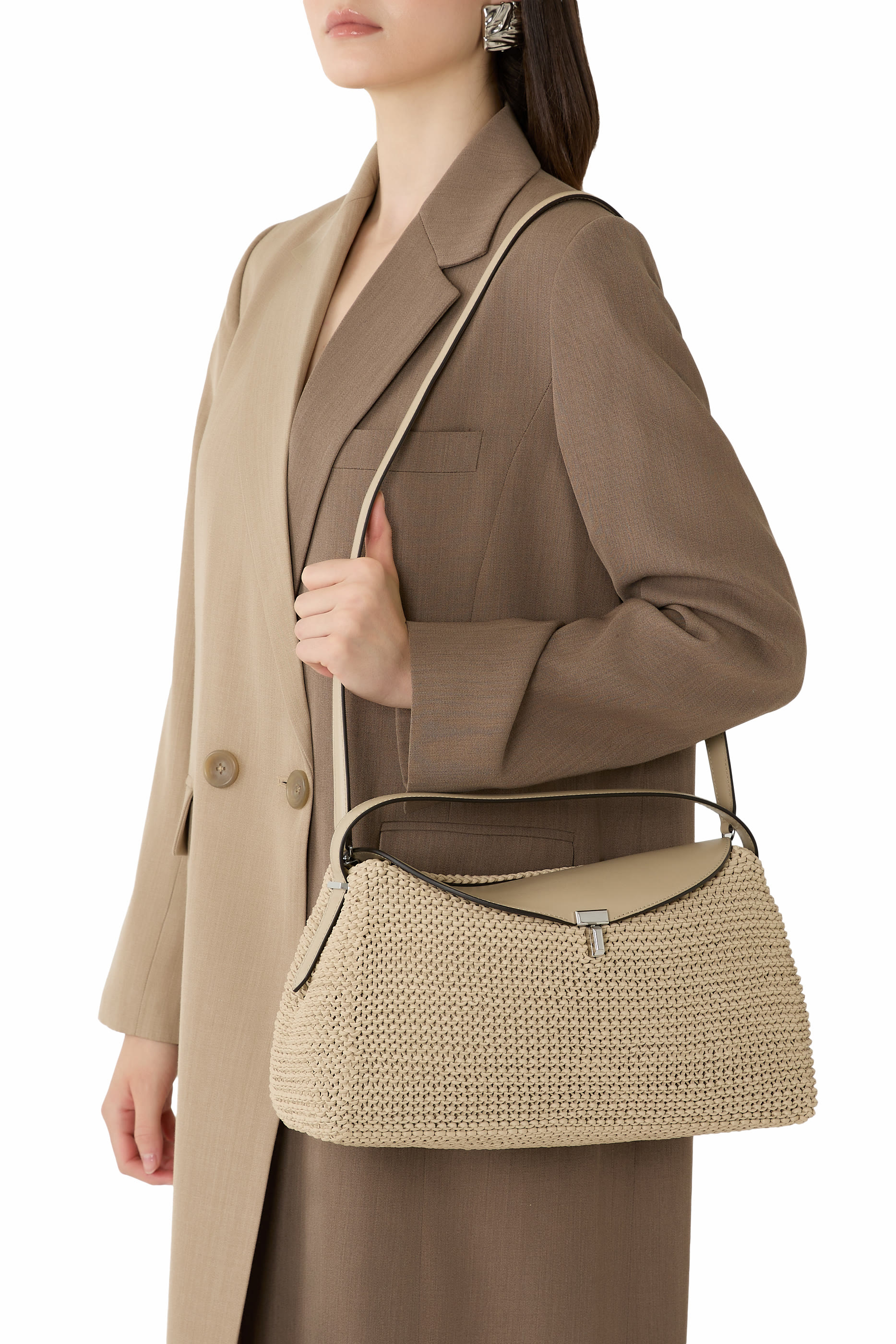 حقيبة بيد علوية وقفل T جلد منسوج