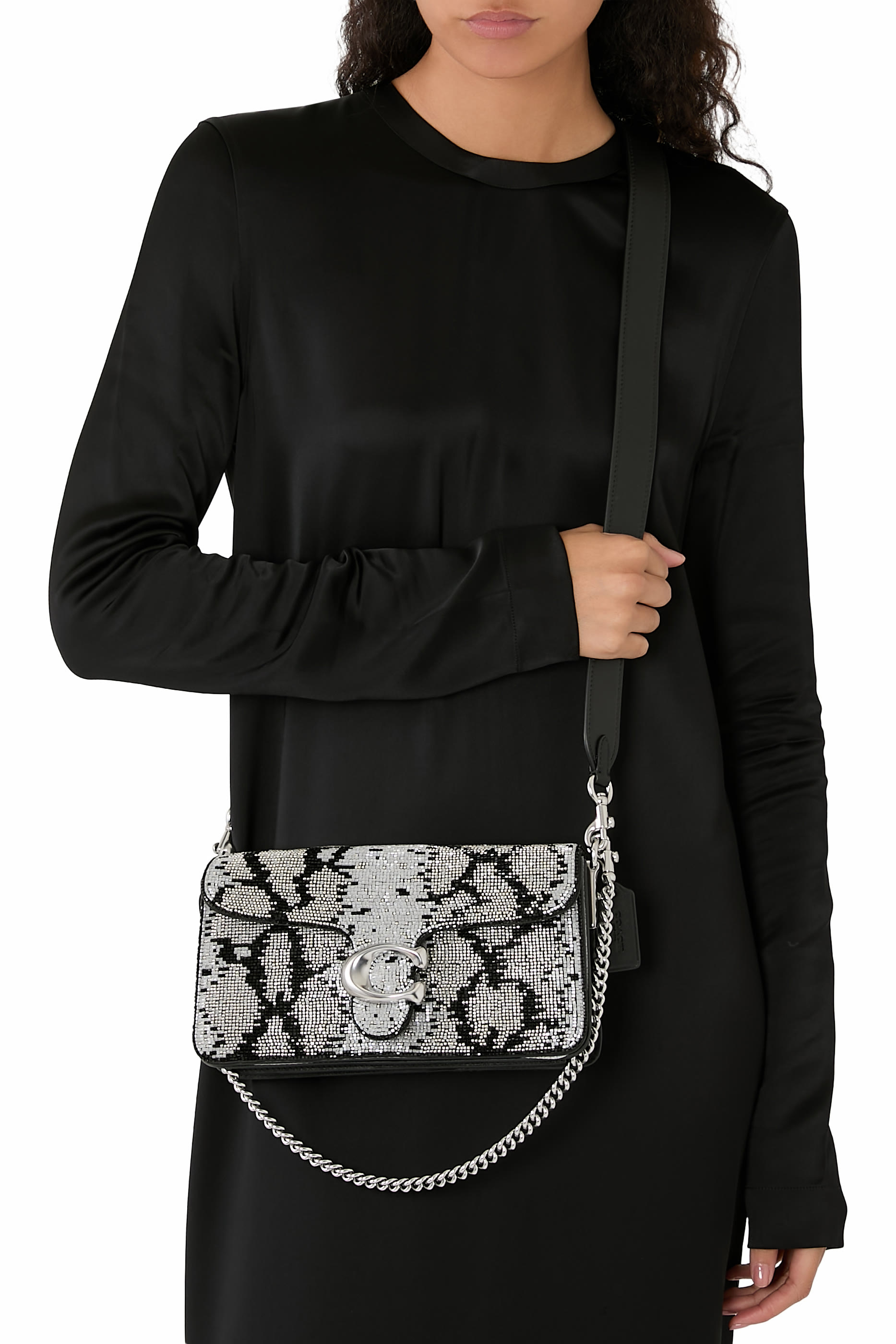 حقيبة كتف تابي 26 بنقشة جلد الثعبان وخرز