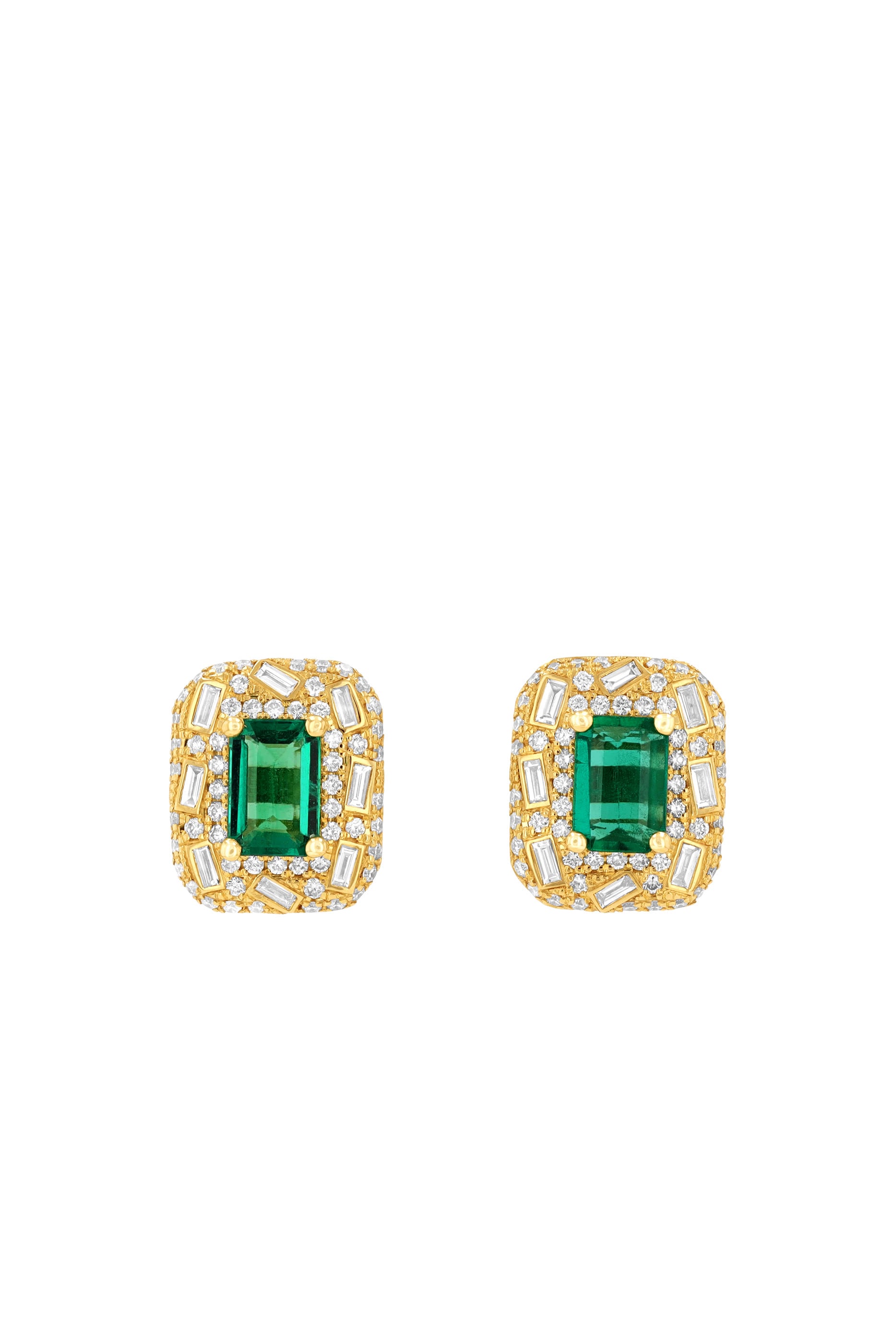  OAK Emerald-Cut Halo Portrait Earrings, 18K Yellow Gold with Emerald & Diamonds