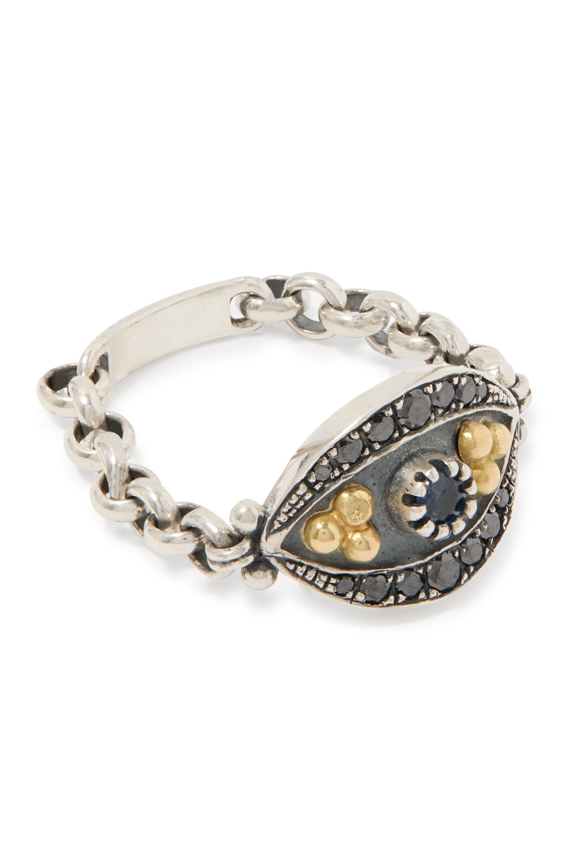 خاتم بتصميم عين حورس مزين بالياقوت والماس، ذهب أصفر عيار 18 وفضة إسترلينية