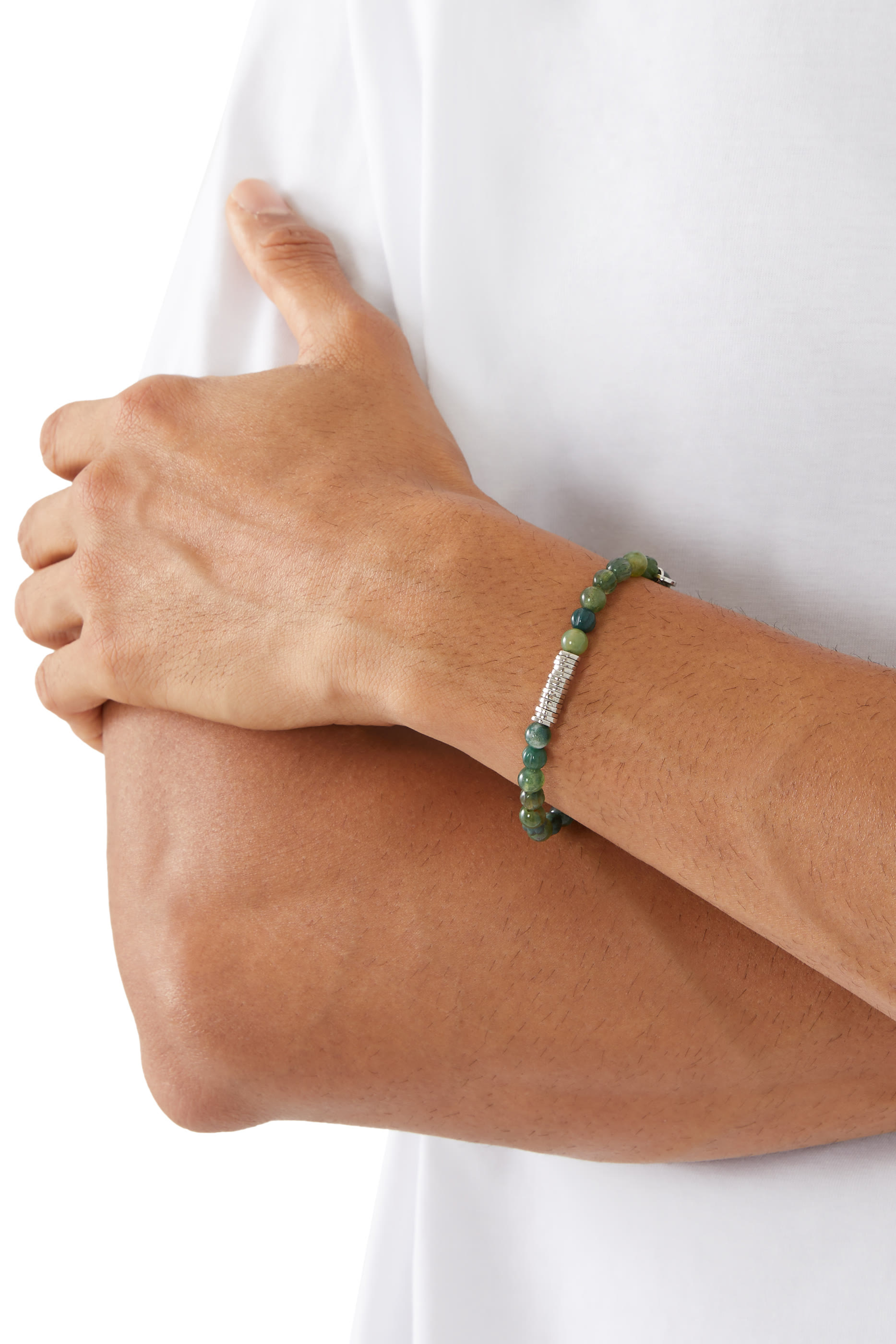 سوار كلاسيك بخرز عقيق الطحلب وحلي دائرية، فضة إسترلينية مطلية بالروديوم