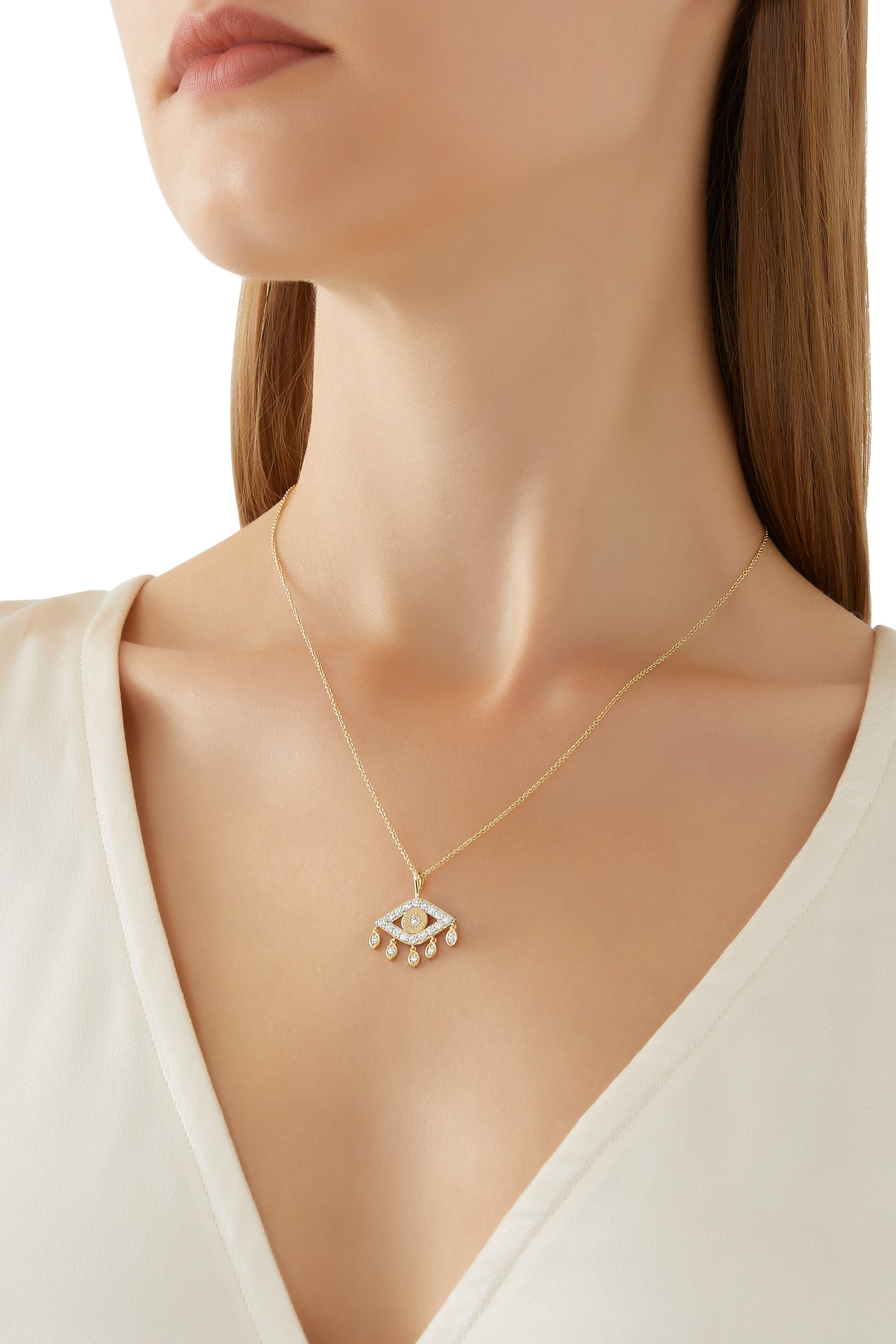 قلادة بحلية عين الحسود متدلية، ذهب أصفر عيار 14 والماس