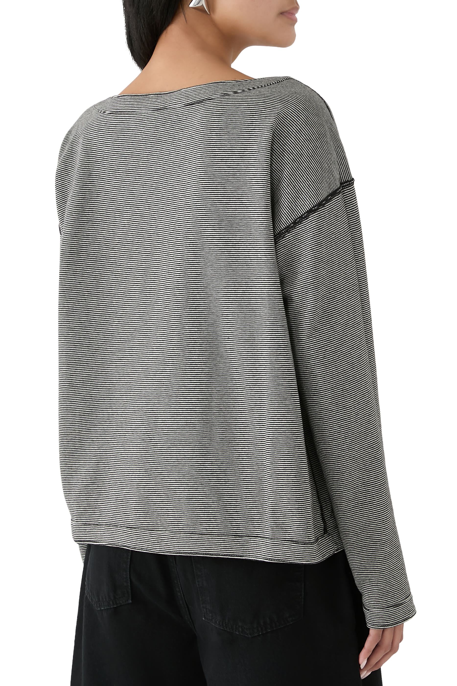 بلوزة بتصميم وجهين بياقة قارب ونقشة مخططة نسيج مزدوج قطن عضوي