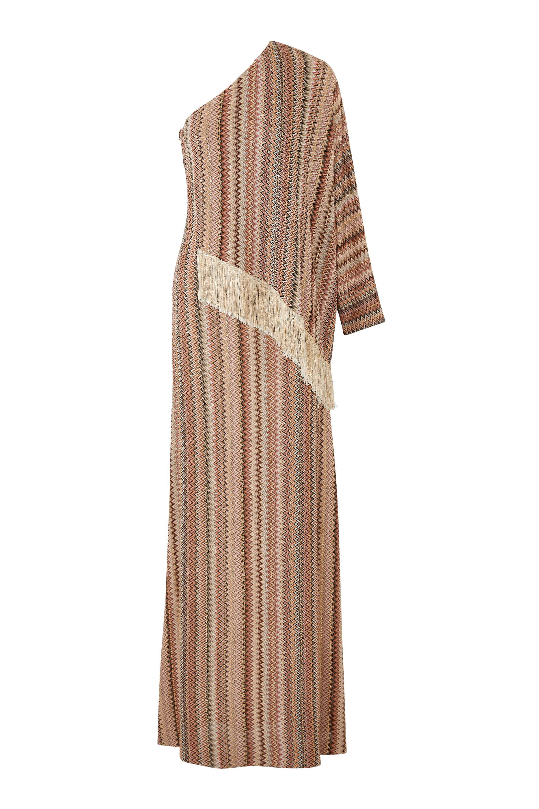 فستان بتصميم حصري غير متماثل وقصة واسعة ونقشة خطوط متعرجة مزين بترتر وشراشيب راشيل