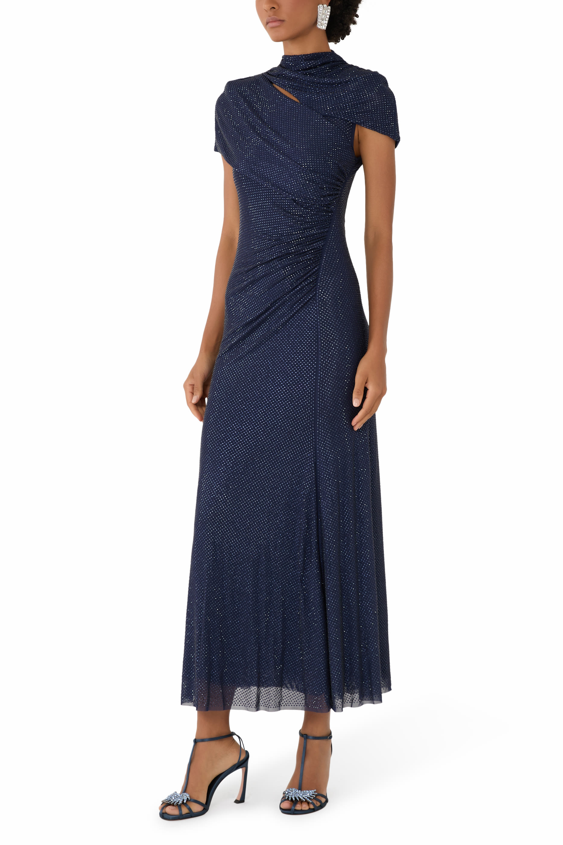 فستان متوسط الطول بفتحات مرصع بأحجار الراين قماش شبكي