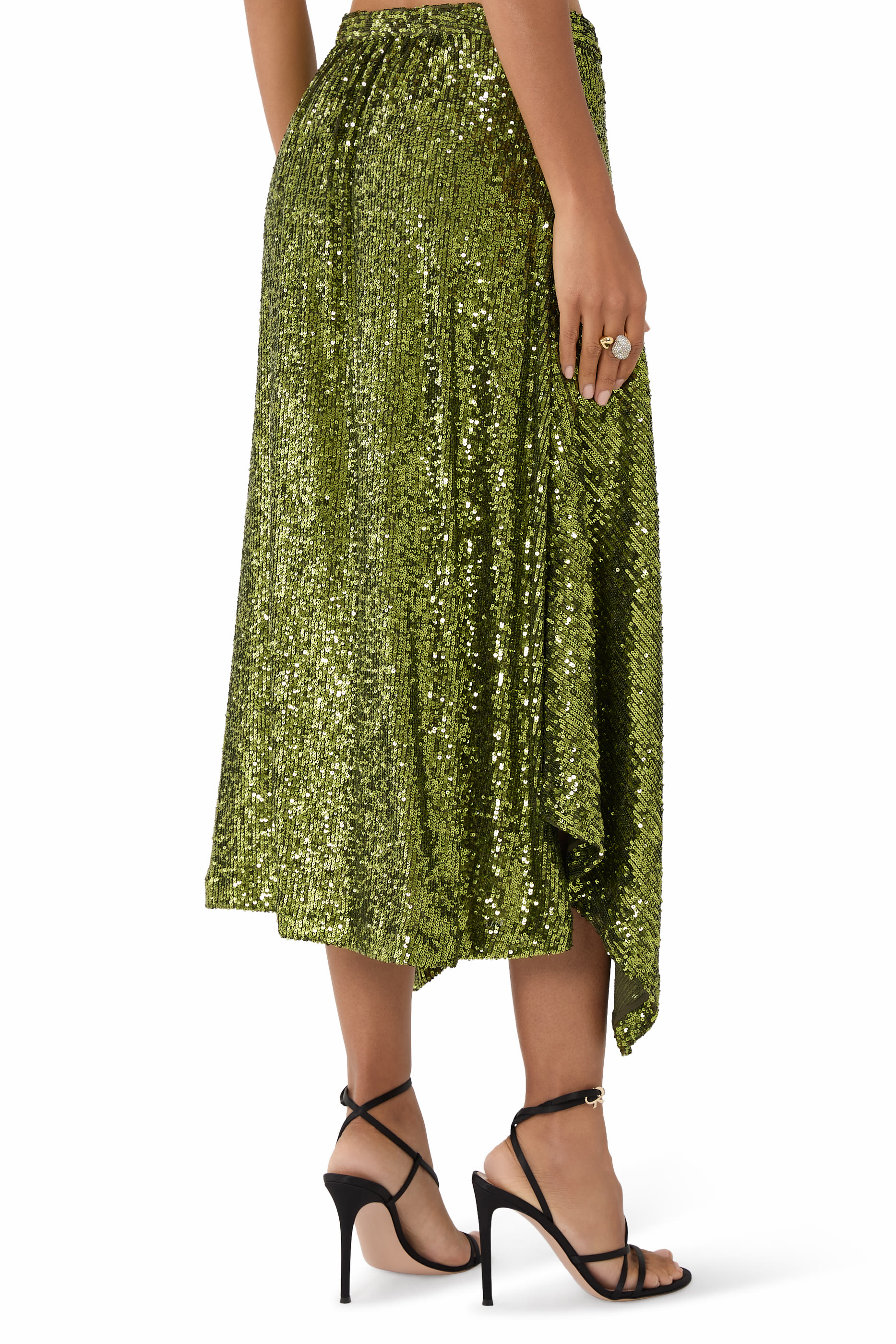 تنورة متوسطة الطول بتصميم غير متماثل مزينة بترتر