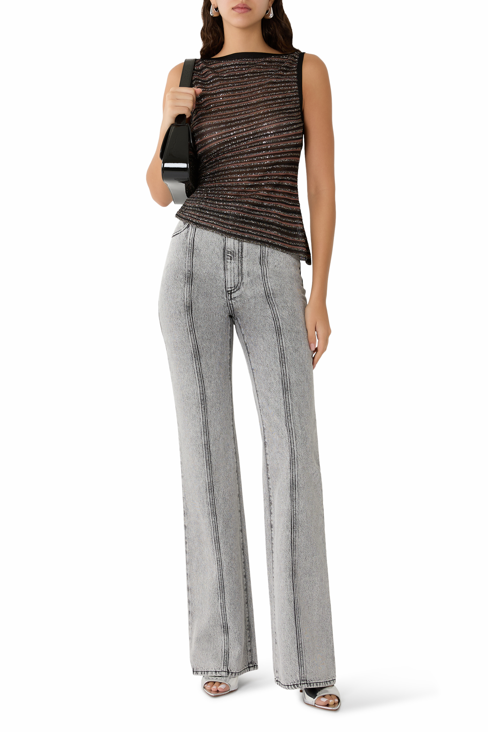 بلوزة منسوجة بتصميم غير متماثل بلا أكمام مطرزة جزئيا بالترتر