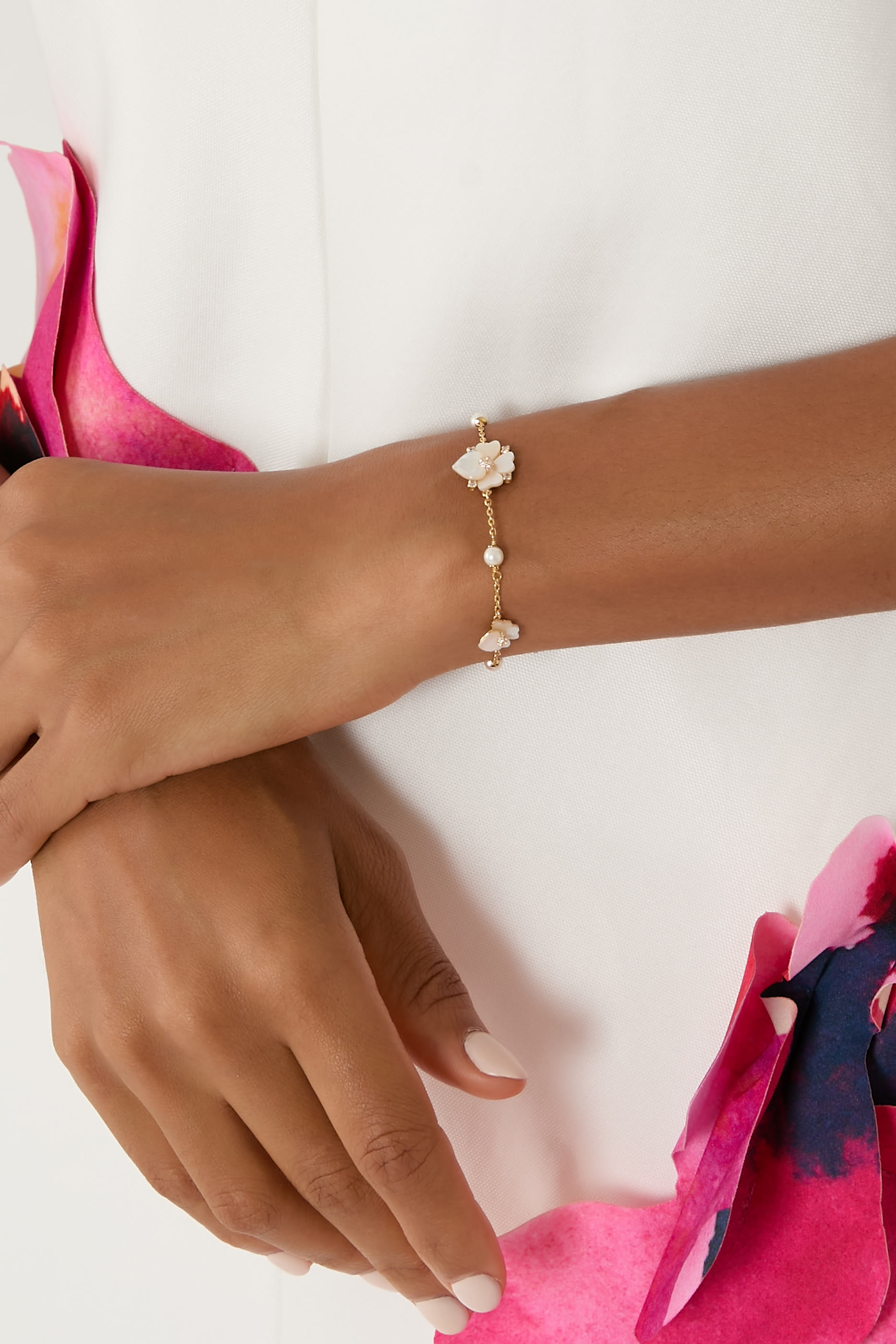 Precious Pansy Scatter Bracelet, Plated Metal & Cubic Zirconia, Acrylic Pearl, Mother of Pearl Shell