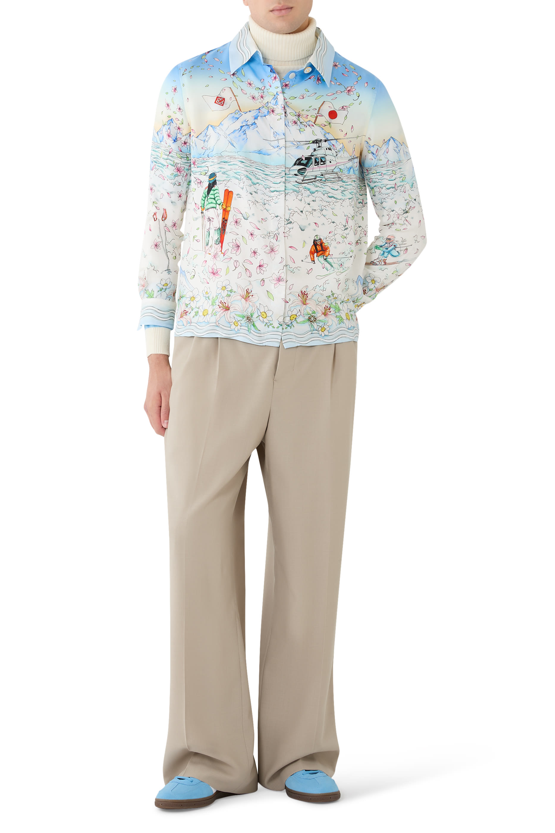 قميص ليفِر فلوري بأكمام طويلة حرير تويل