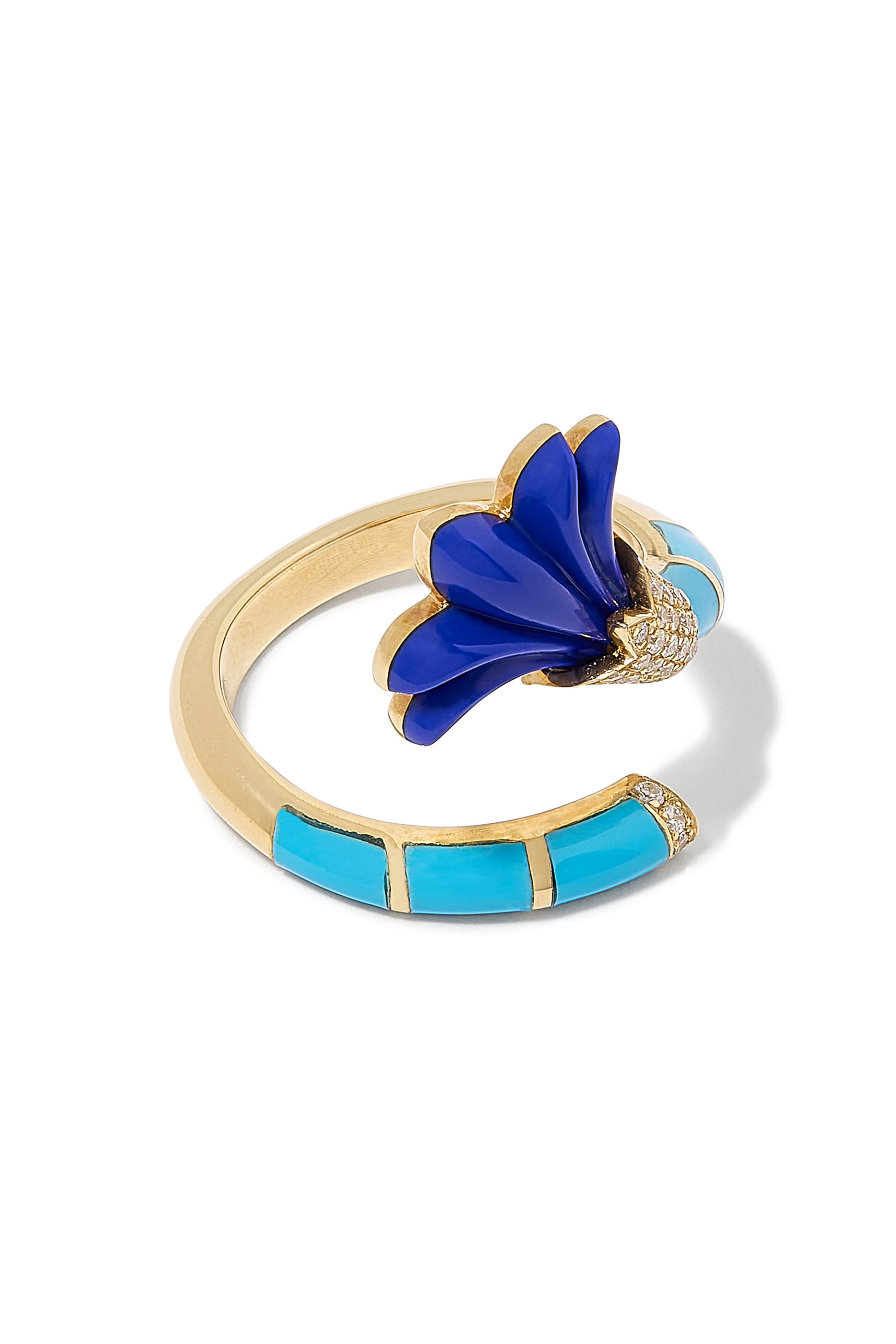 Psychedeliah Vine Statement Ring, 18k Yellow Gold & Diamonds, Turquoise, Lapis Lazuli