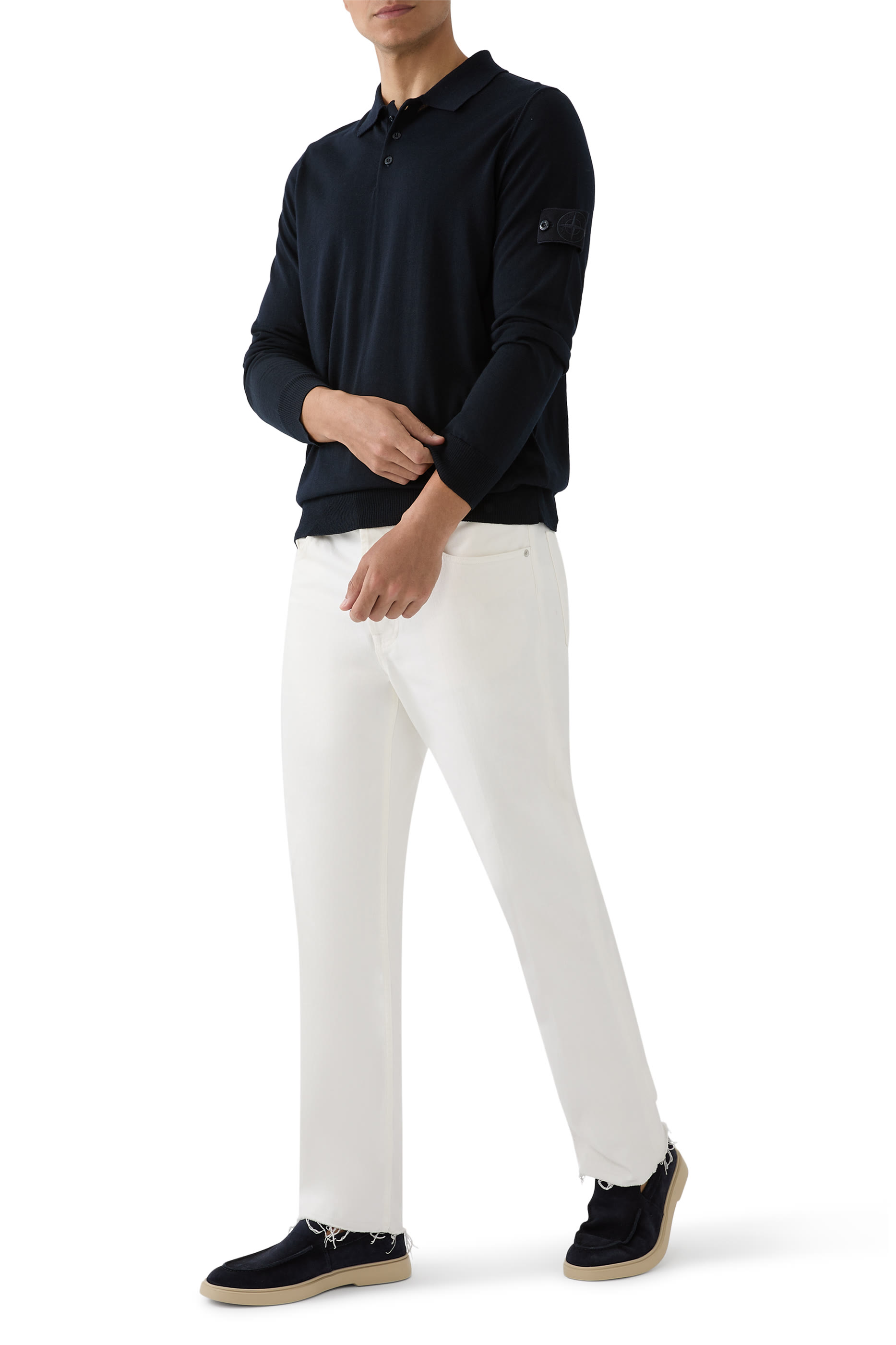 قميص بولو منسوج بأكمام طويلة وتفاصيل مضلعة