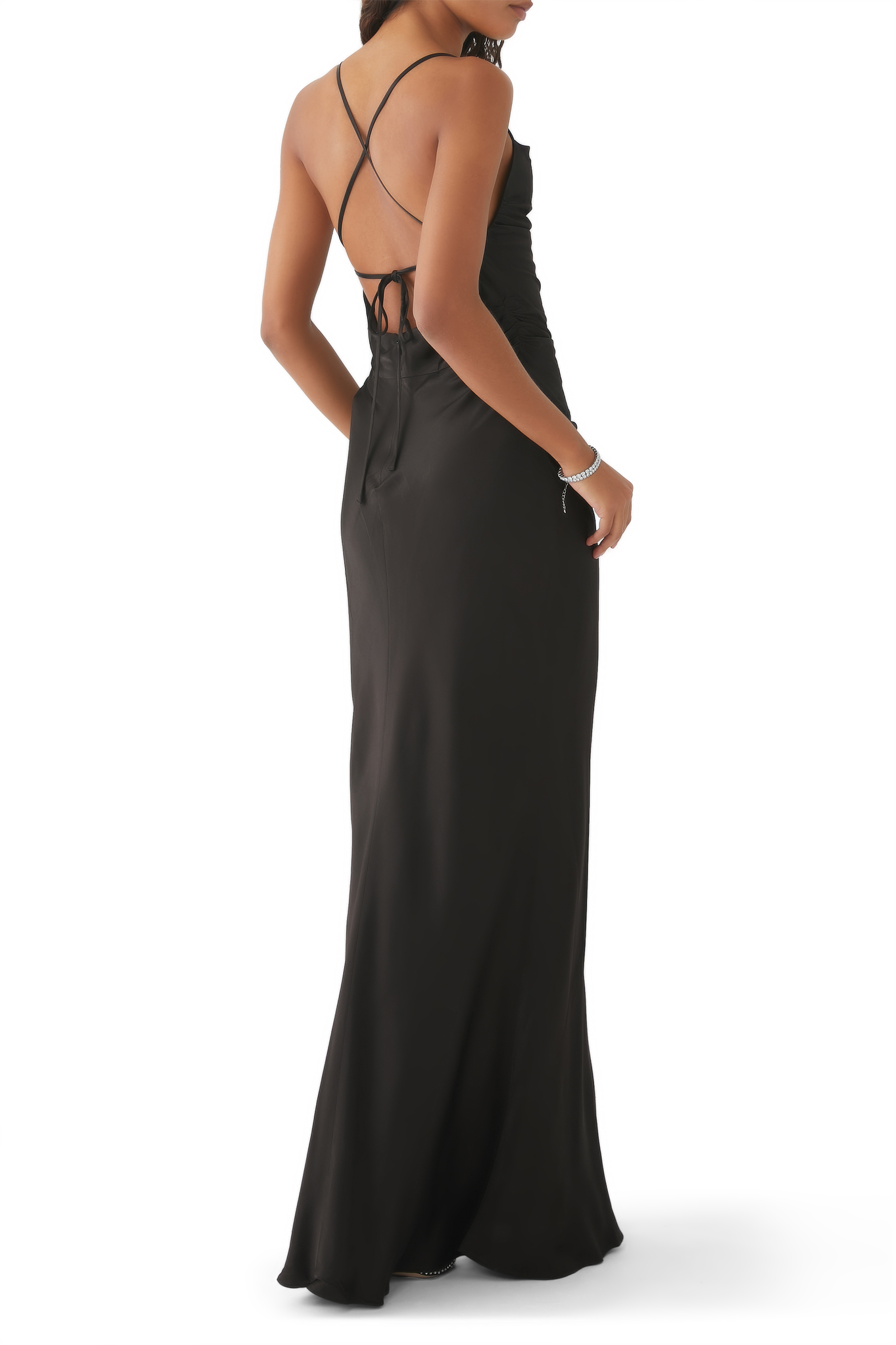 فستان لا لون طويل بأربطة في الخلف