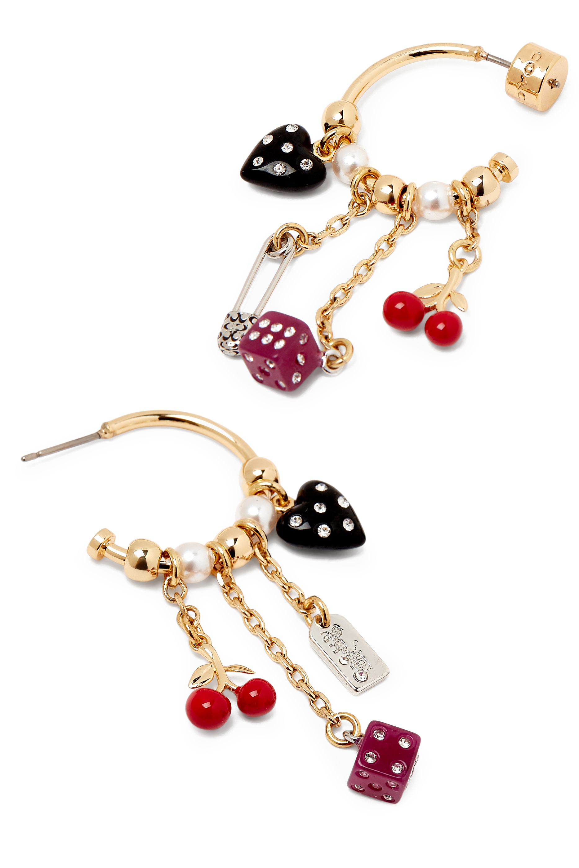 أقراط دائرية بحلي كلاسيكية وشعار الماركة، معدن وراتنج