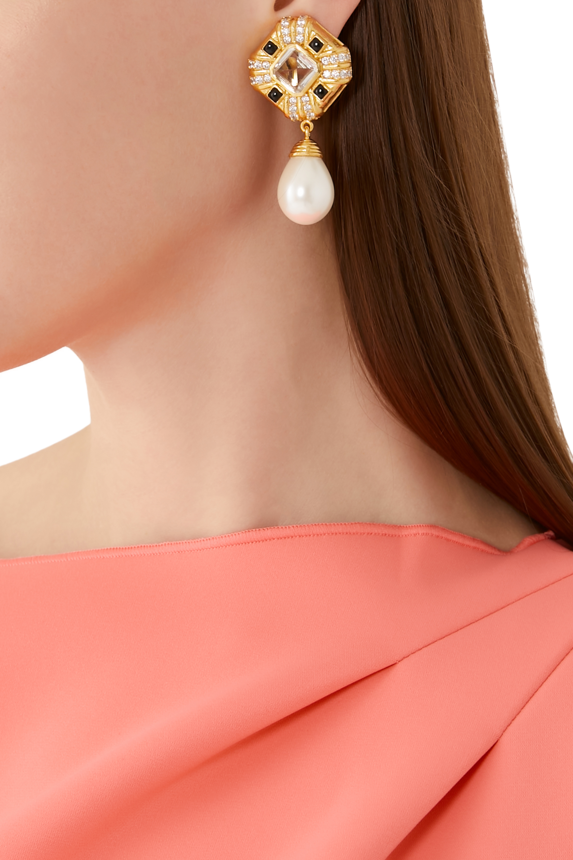 أقراط ناتالي باسيفيك مزينة بلؤلؤ متدلي وكريستال كوارتز وأحجار عقيق نحاس مطلي بذهب عيار 24