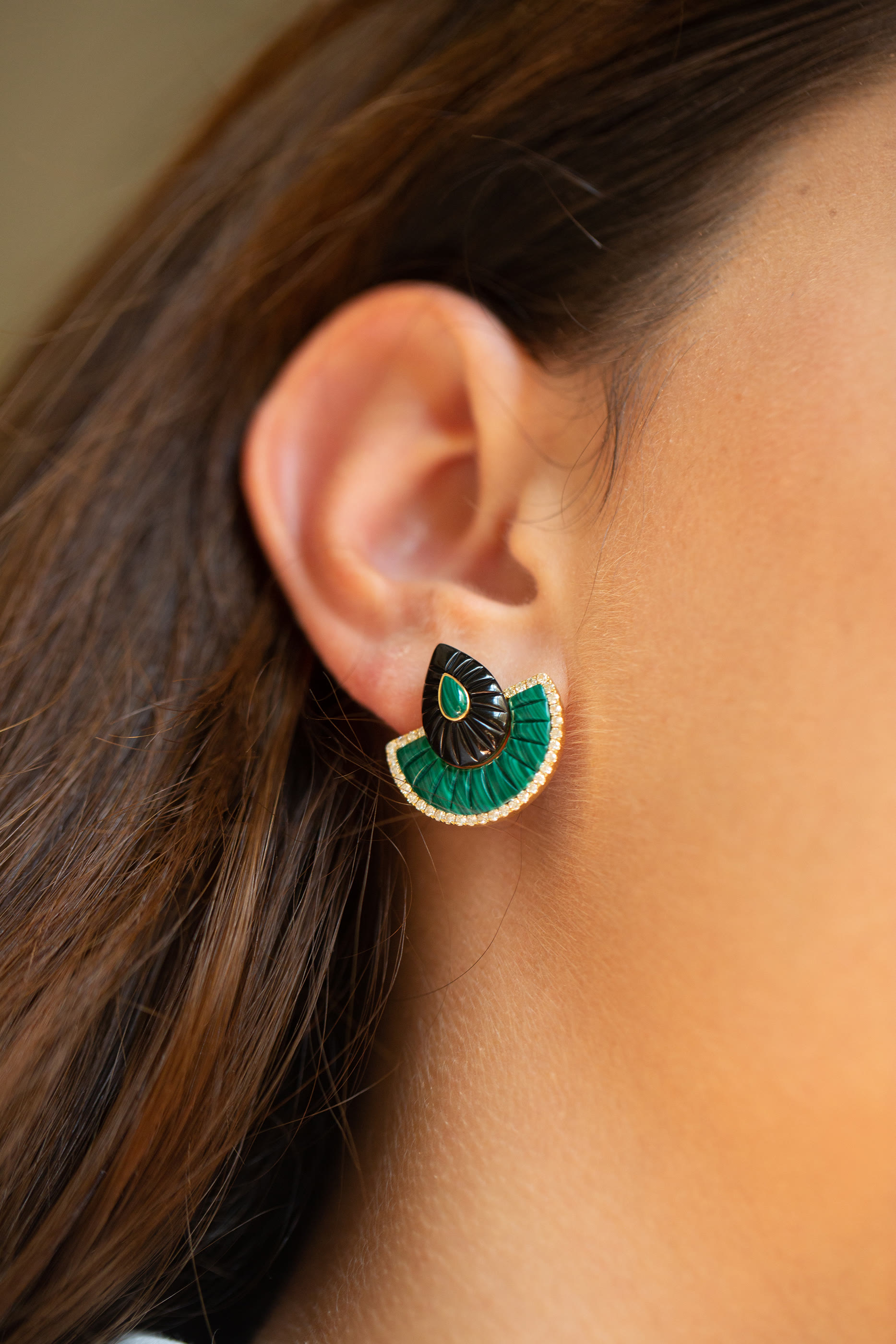 Bond Street Fan Big Earrings, 18k Yellow Gold with Diamonds, Malachite & Onyx