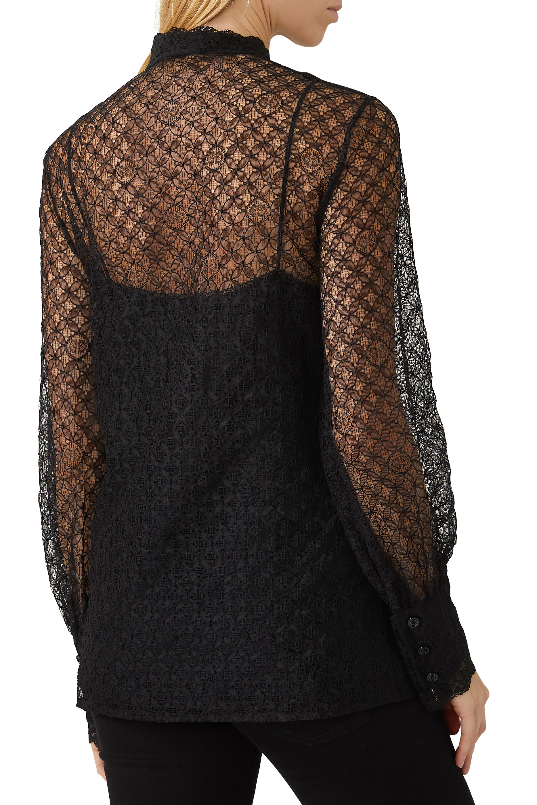 قميص دانتيل بأكمام منفوخة وشعار GG