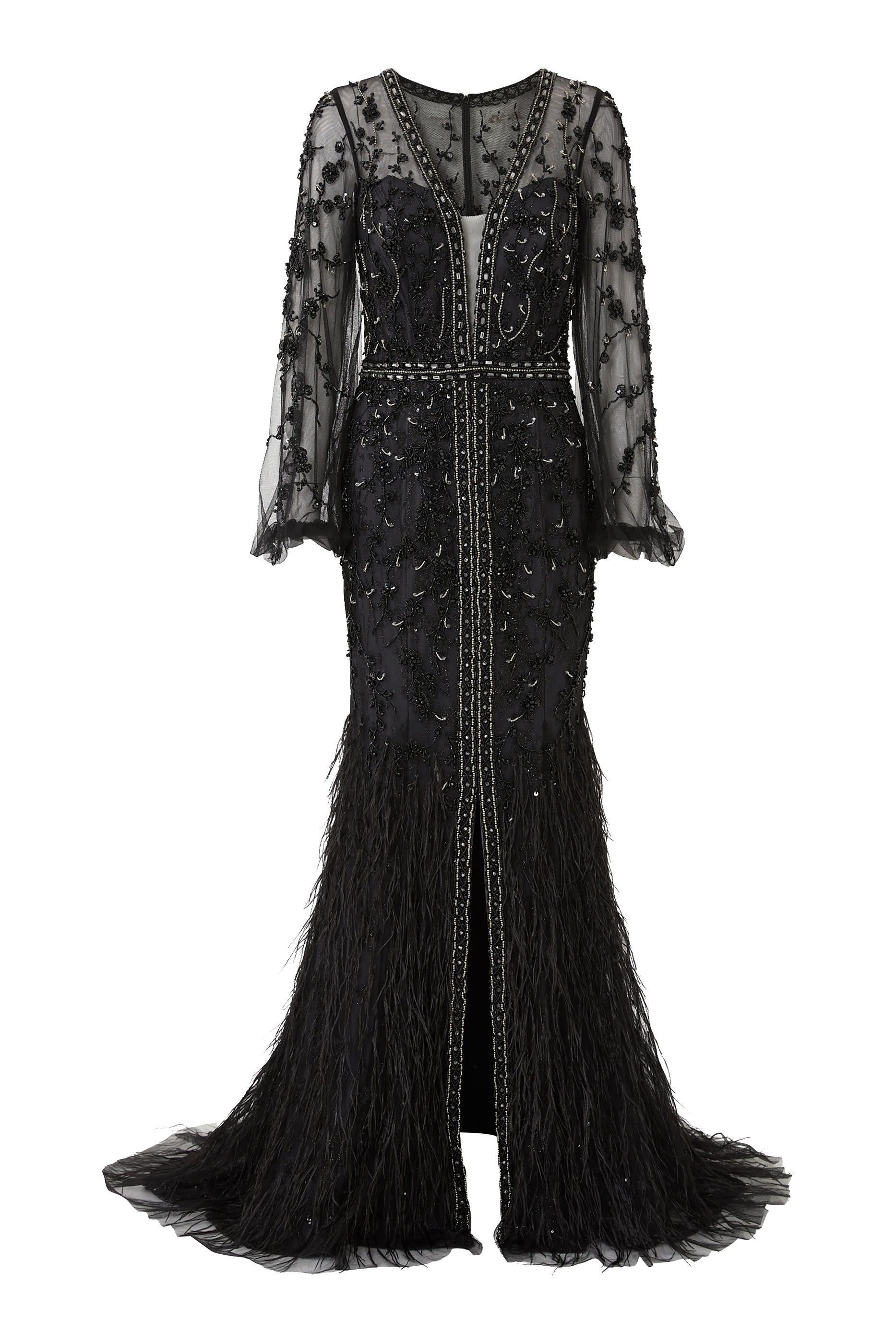 فستان طويل مزين بالريش والكريستال