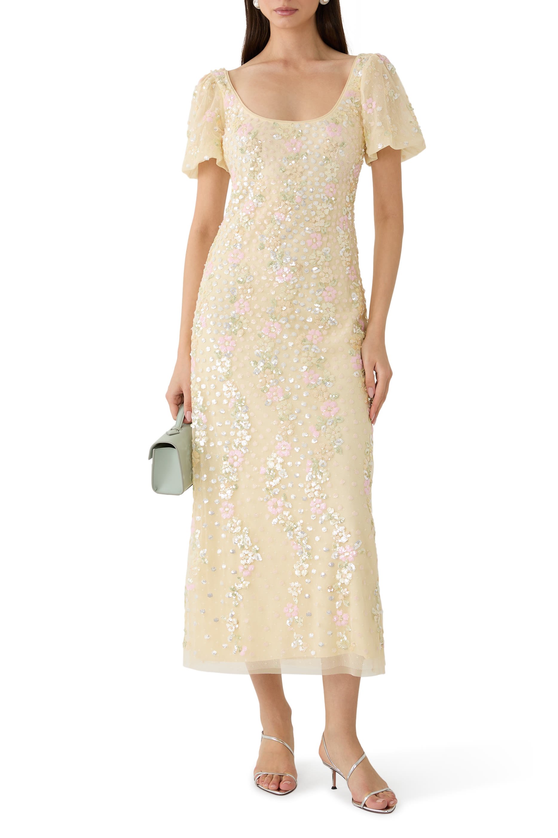 فستان سهرة كونفتي بأكمام منفوخة بطول الكاحل