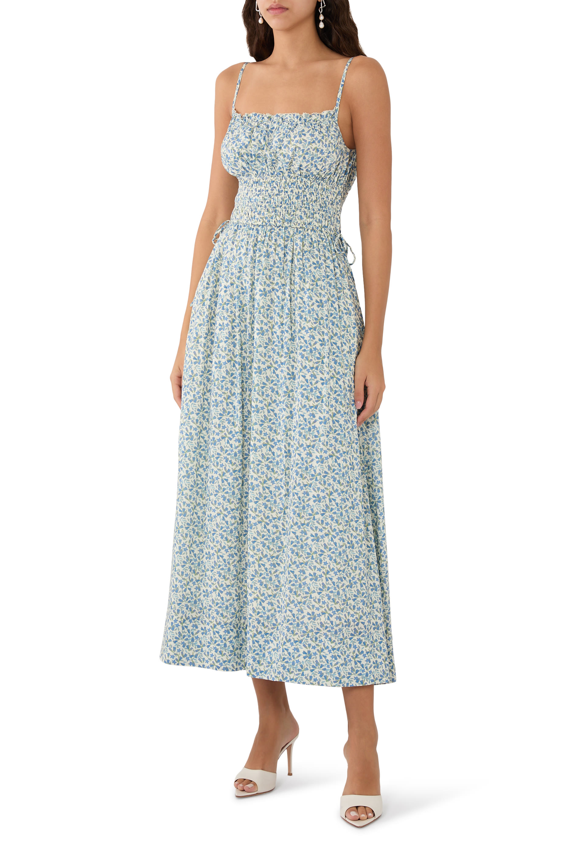 فستان صيفي بياقة مربعة متوسط الطول