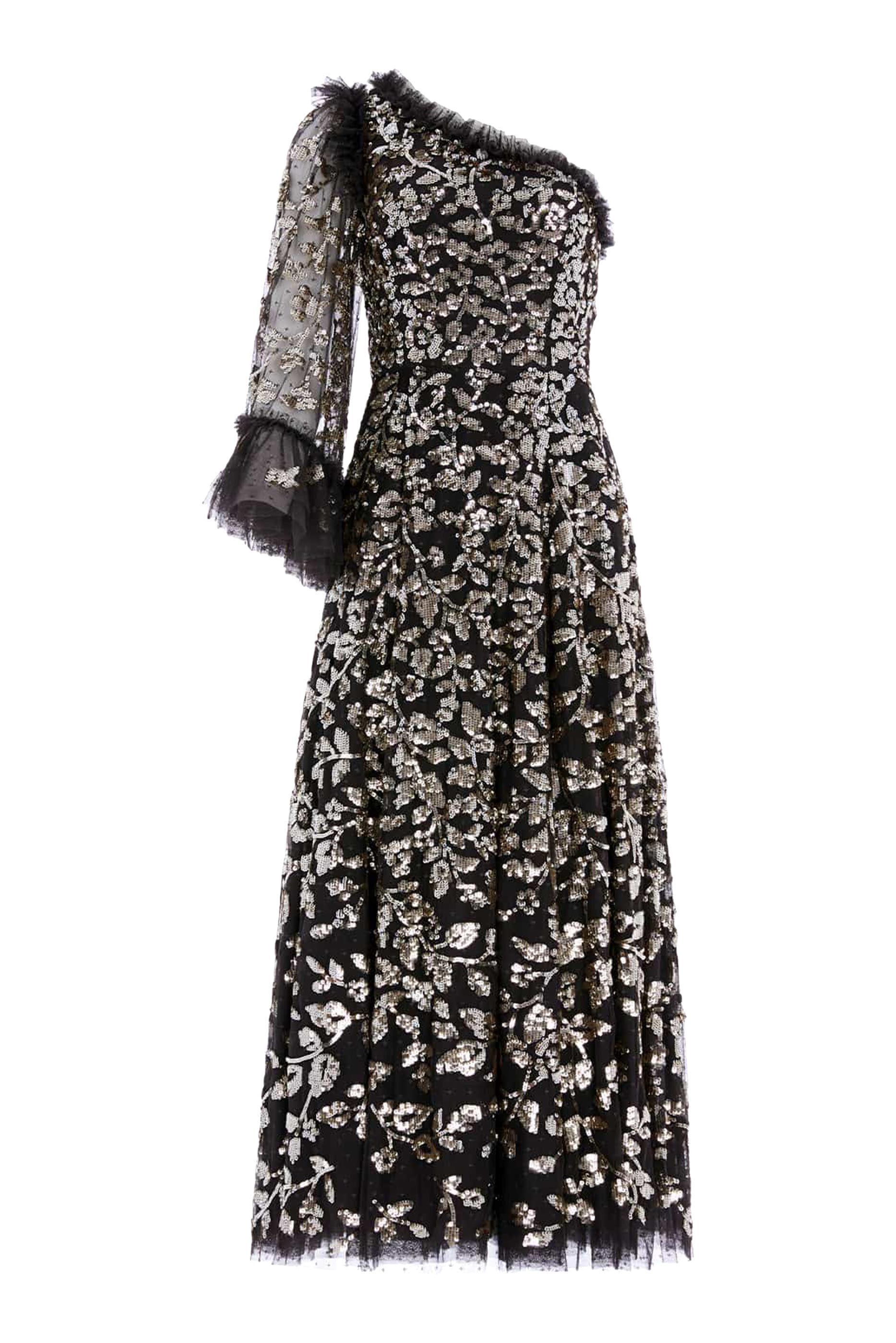 فستان سهرة بكتف مكشوف بطول الكاحل مزين بنقشة أوراق متساقطة