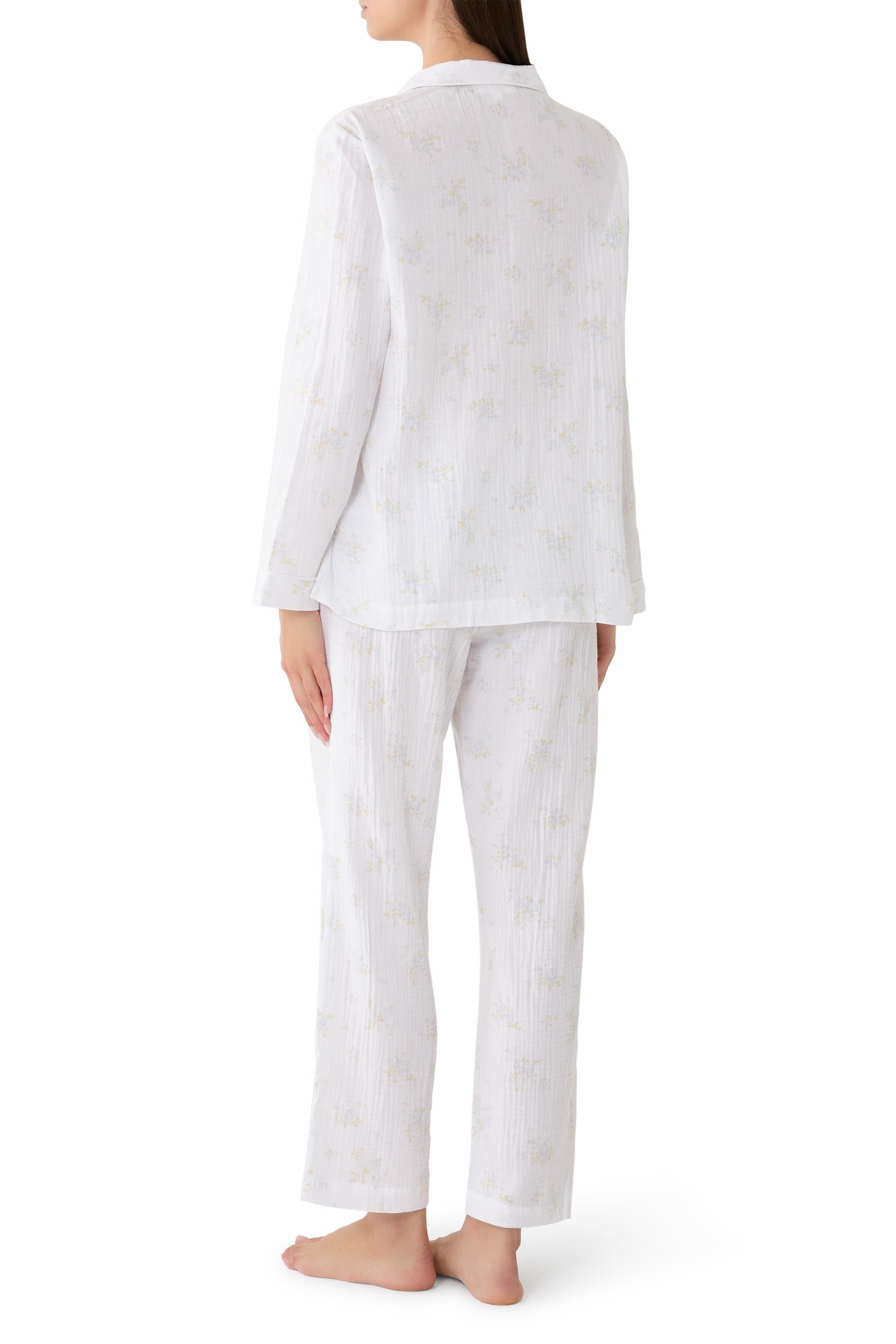 طقم بيجامة بنقشة زهور كلاسيكية باهتة قطن مزدوج