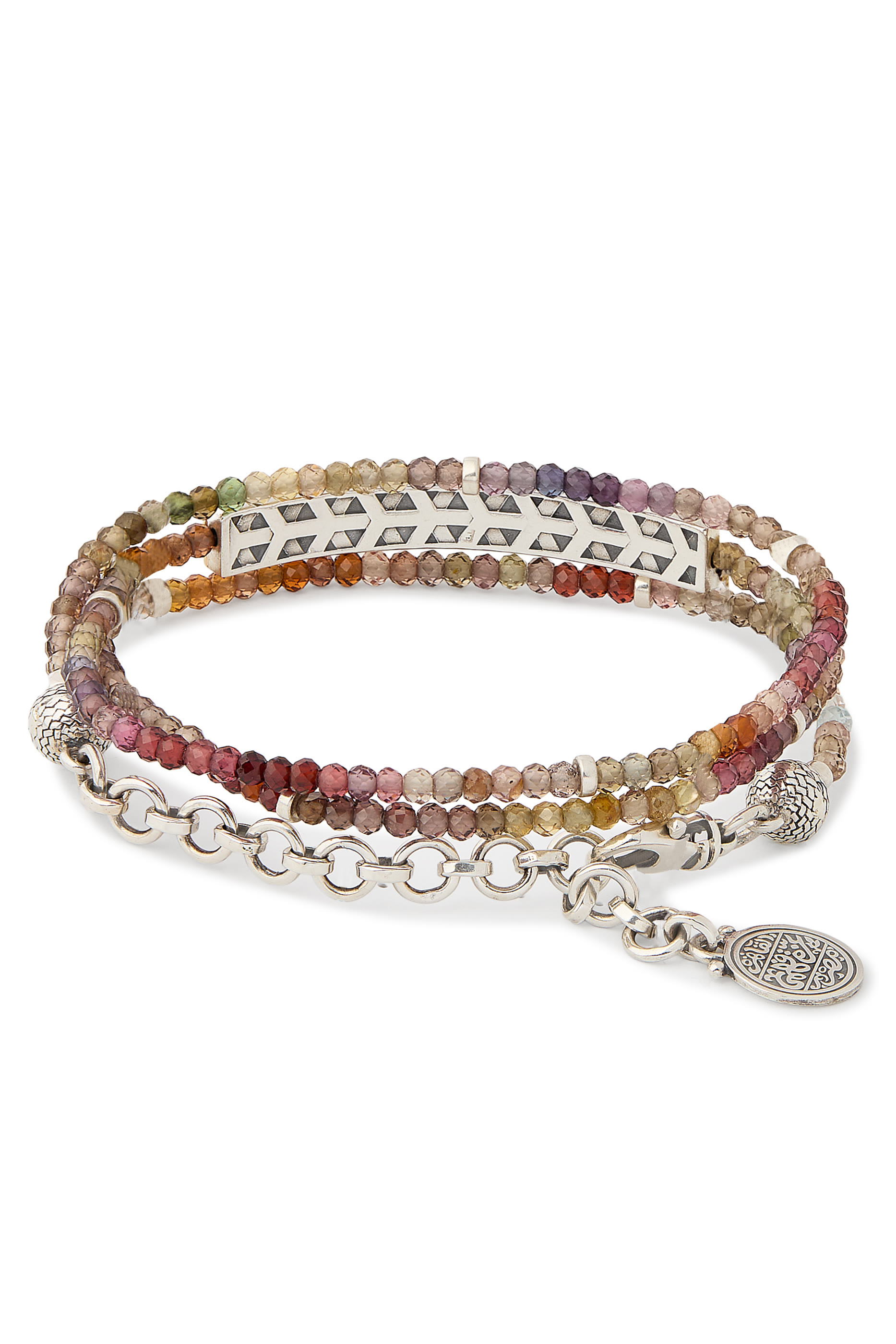 سوار نور أحمد شوقي بخط عربي مزين بخرز ياقوت أزرق، فضة إسترلينية وذهب أصفر عيار 18