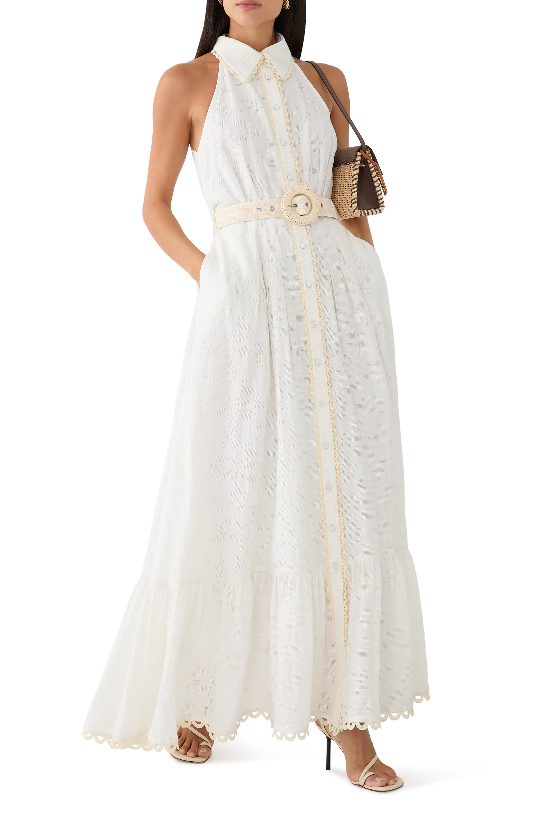 فستان بدون أكمام متوسط الطول بتصميم قميص مع حزام