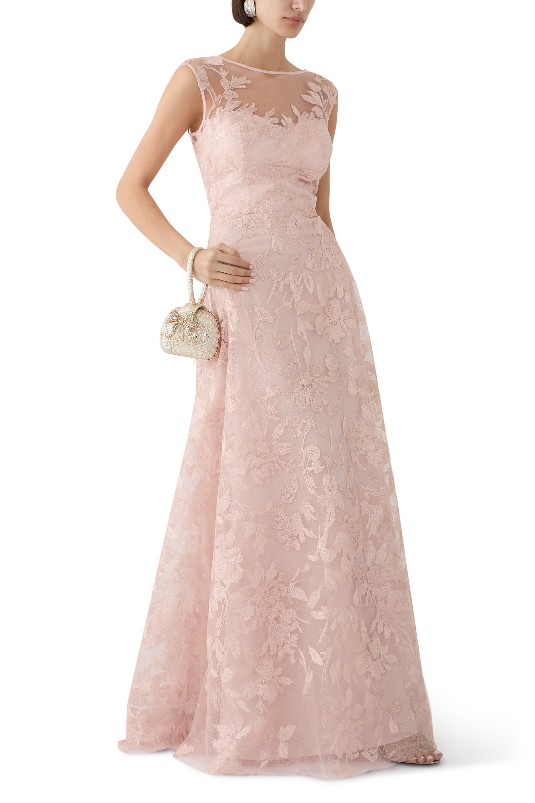 فستان سهرة بأكمام بنقشة أوراق الشجر تول لامع