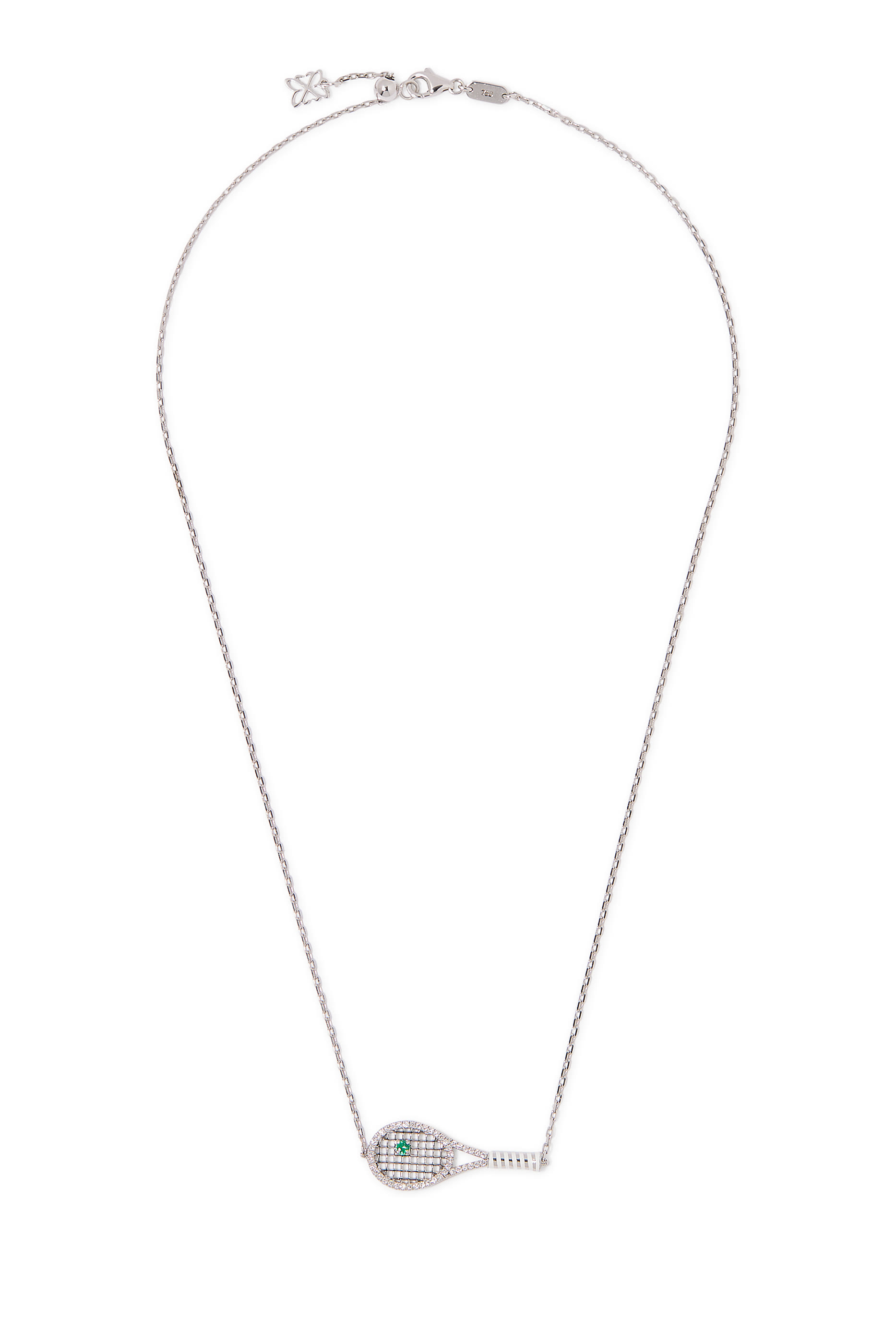 قلادة بدلاية بتصميم مضرب تنس مرصعة بالماس والزمرد مطلية بمينا بيضاء ذهب أبيض عيار 18