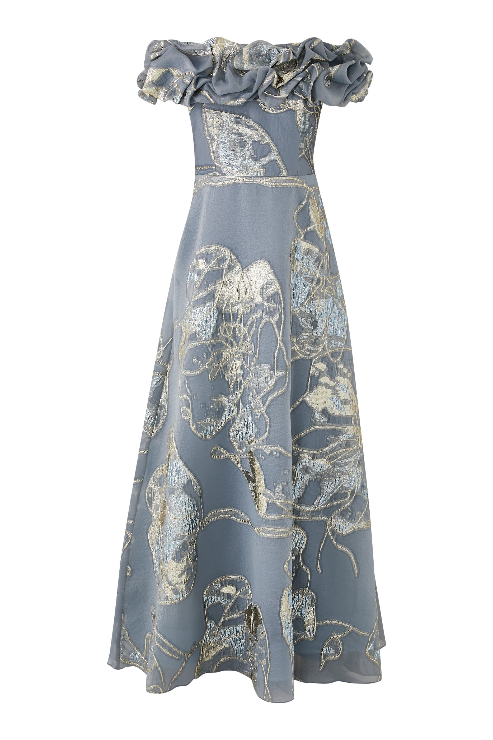 فستان سهرة بأكتاف مكشوفة وصدرية جاكار سكرانش