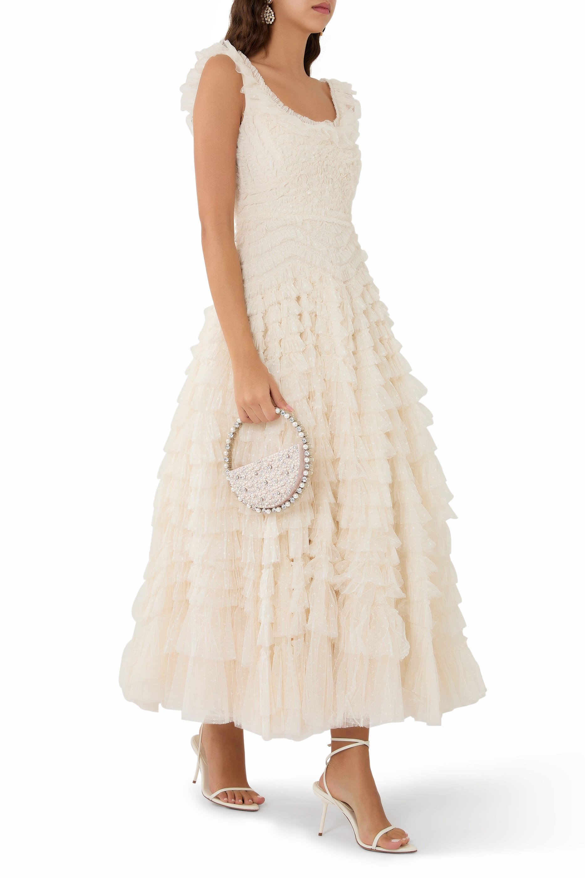 فستان سهرة هاتي بياقة مستديرة وطول الكاحل