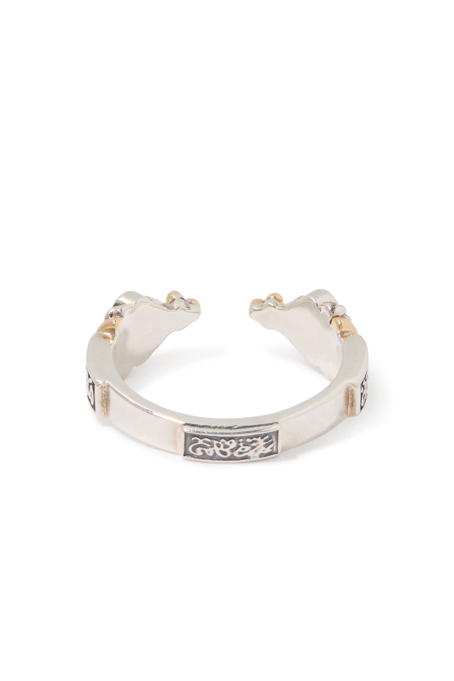 خاتم ترايبال بنقشة خط عربي مرصع بأحجار زركونيا، ذهب أصفر عيار 18 وفضة إسترلينية