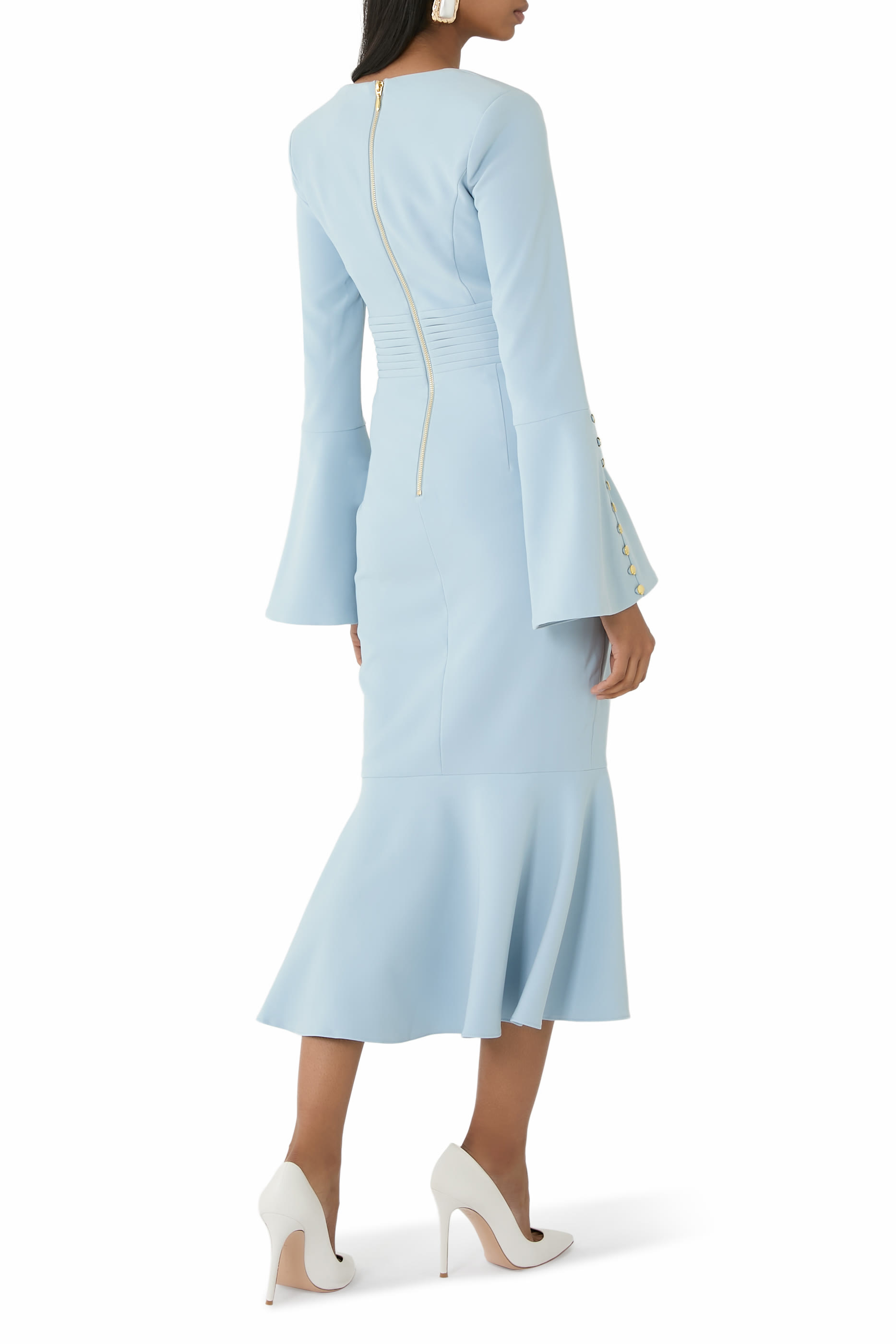 فستان سيرينا متوسط الطول بأكمام واسعة وأزرار مايكرو شيل