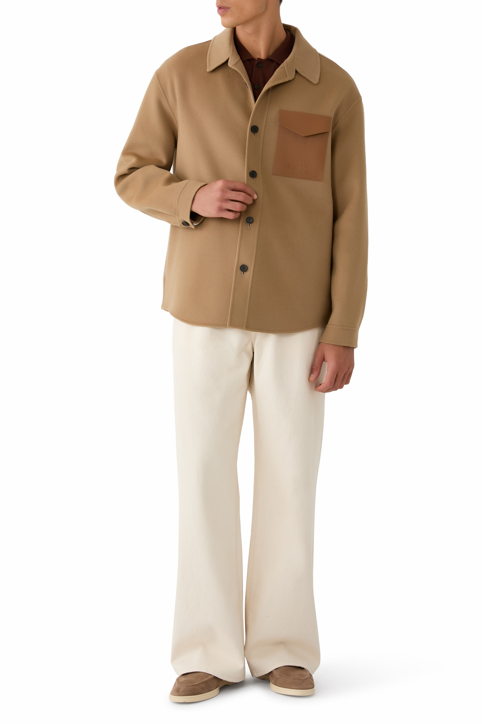 سترة إمانويل بتصميم بوجهين مع جيب برقعة جلد، صوف