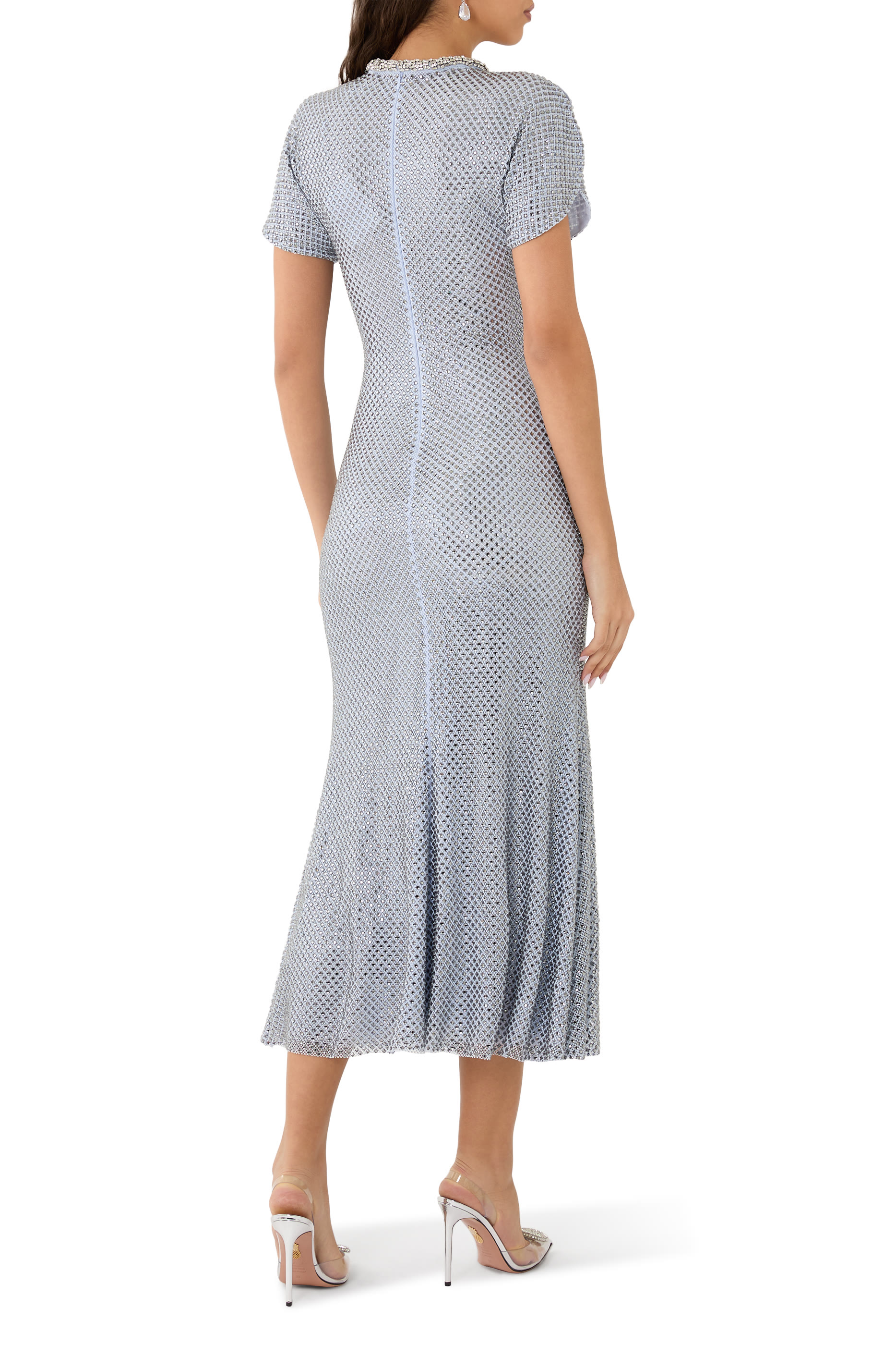 فستان متوسط الطول قماش شبكي بأحجار الراين