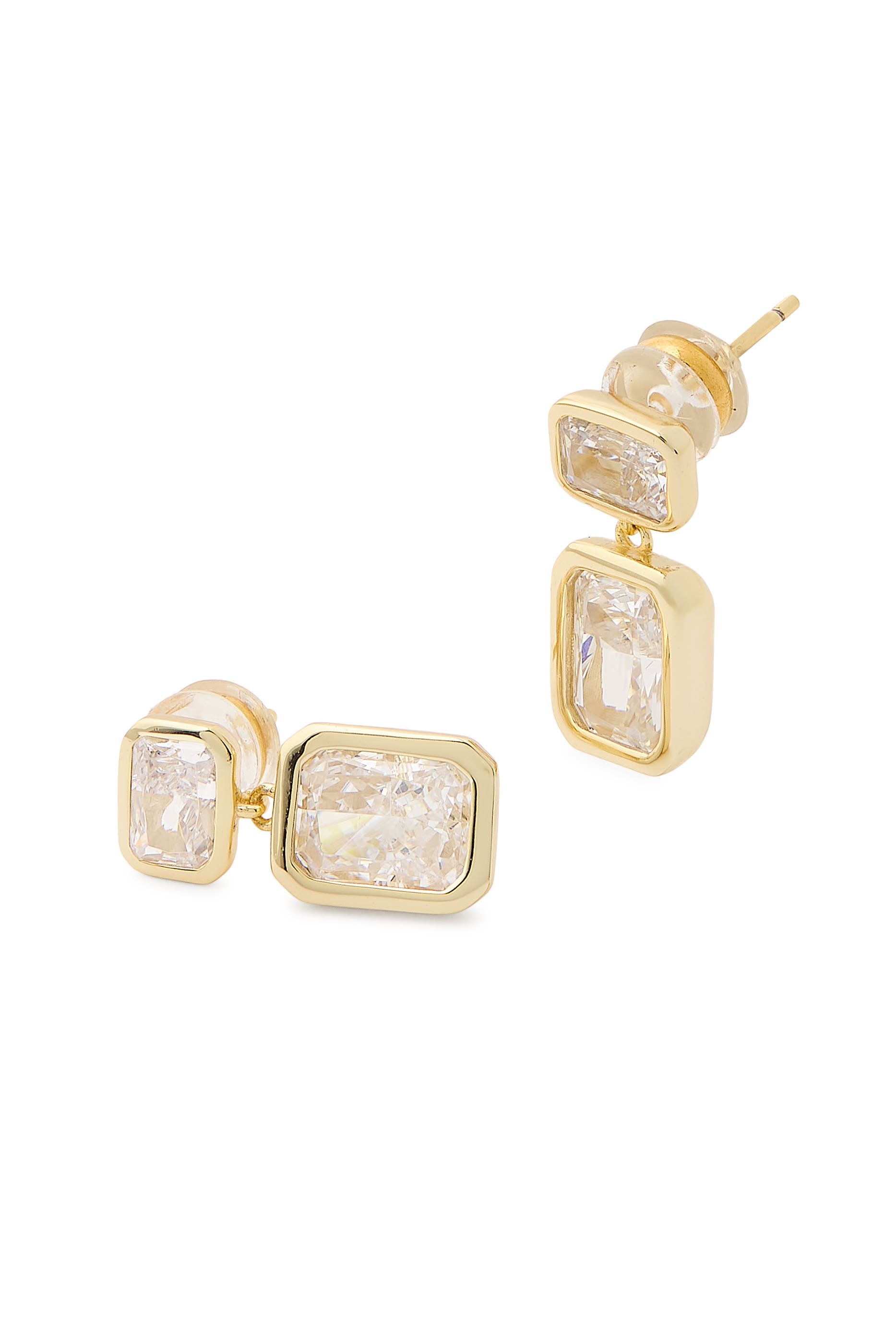 Emerald Baguette Drop Earrings, 14k Vermeil on Sterling Silver & Crushed Ice CZ