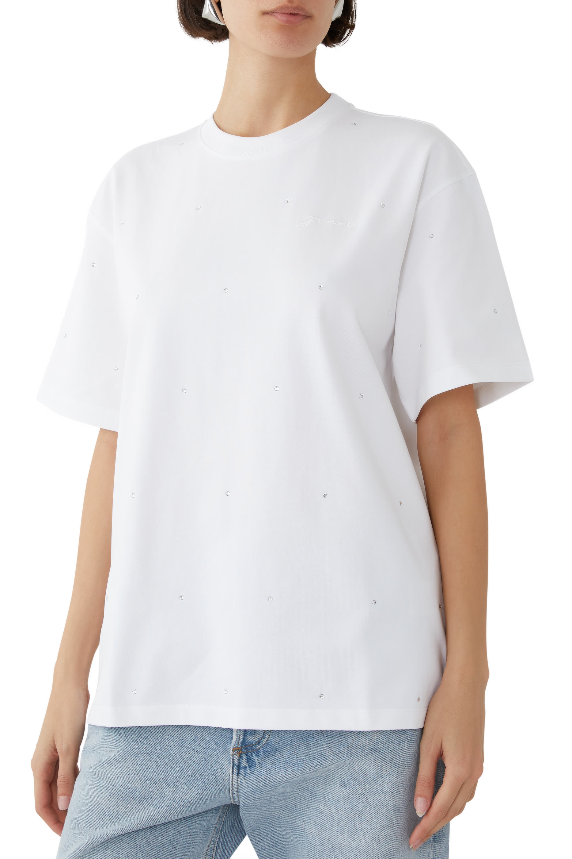 تيشيرت بأكتاف منسدلة مرصع بأحجار الريان قطن ثقيل