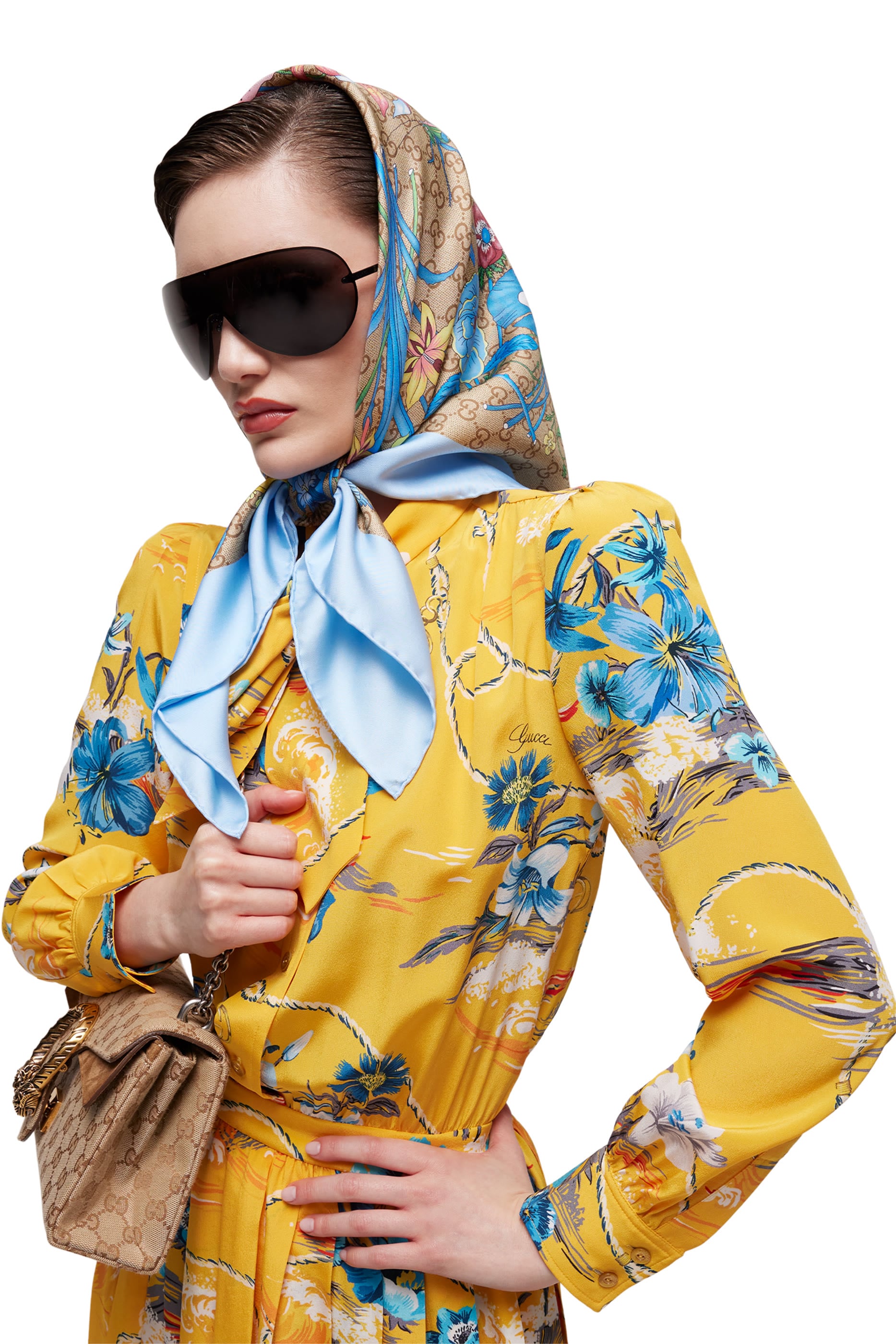 وشاح مربع بنقشة حرفي شعار الماركة حرير تويل